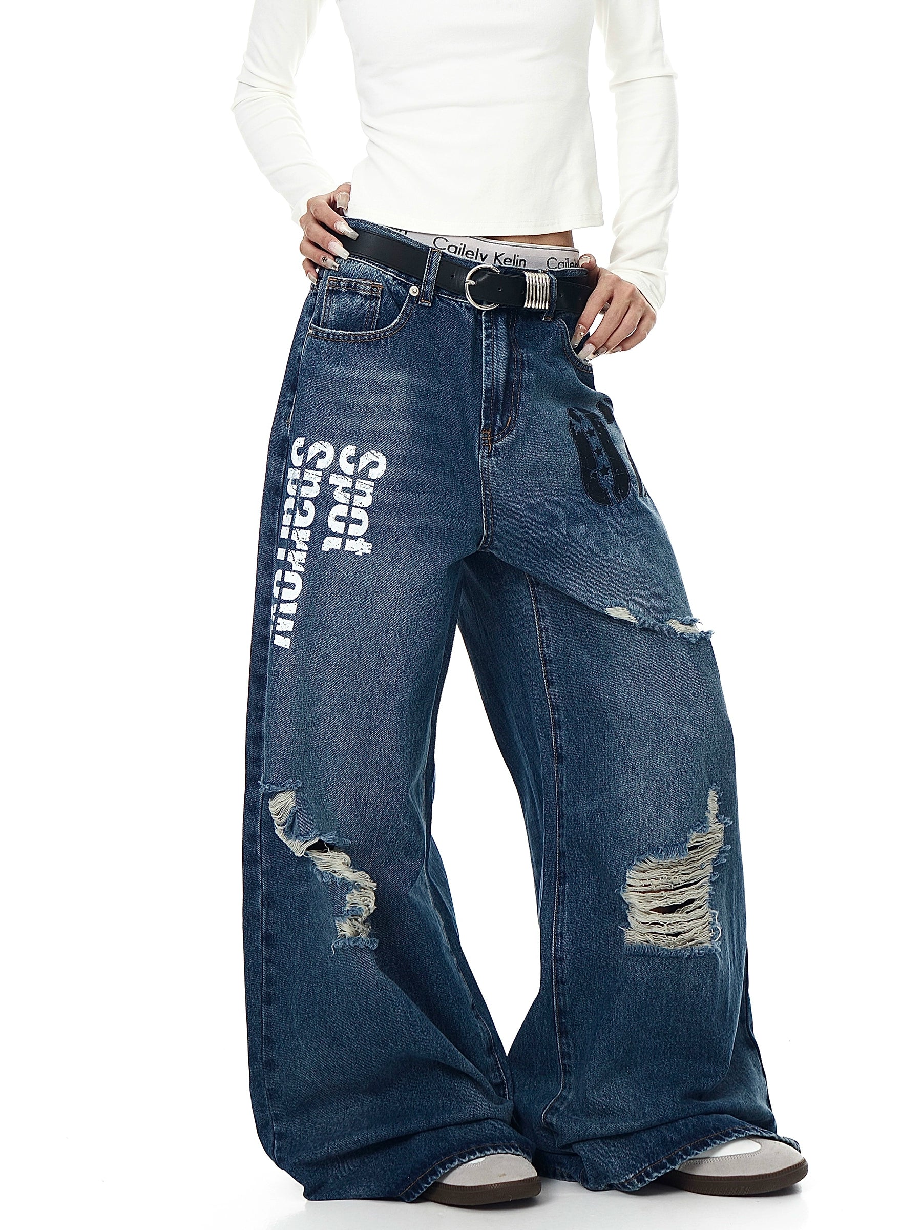 Distressed Letter Print Ripped Flare Denim Jeans