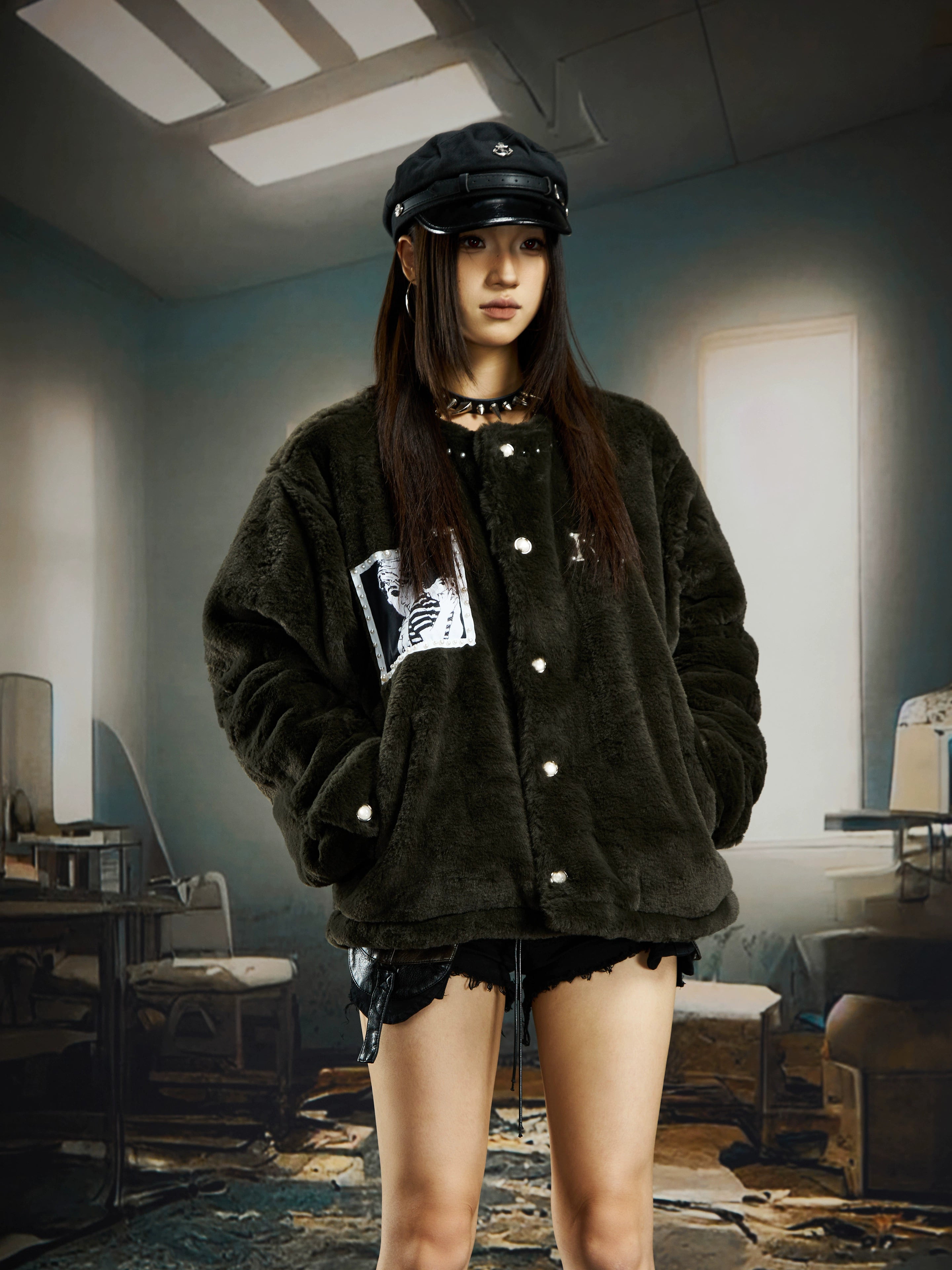 Plush Beaded Comic Patch Collarless Padded Short Jacket