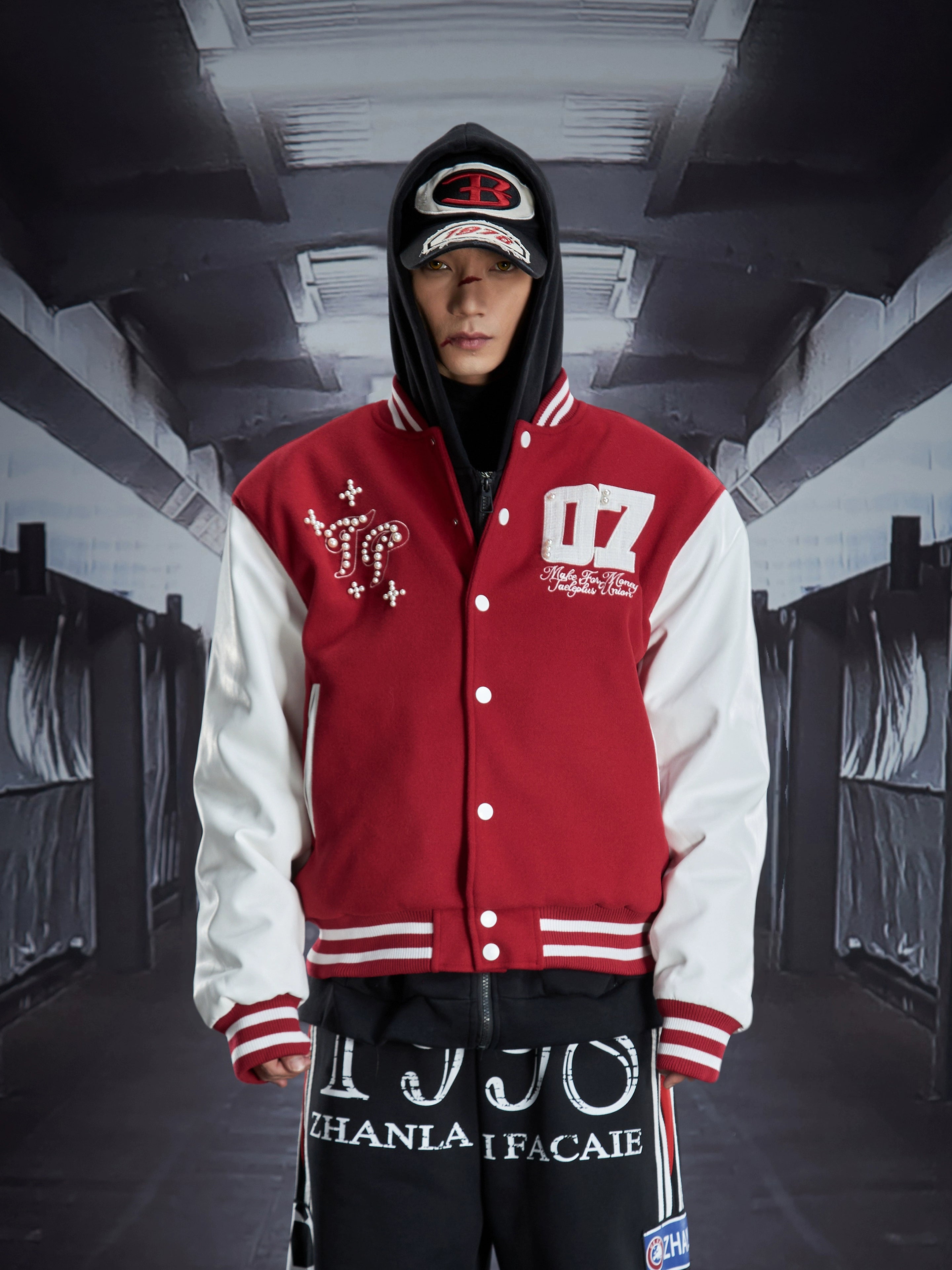 Jersey-Style Pearl Embroidered Quilted Bomber Jacket