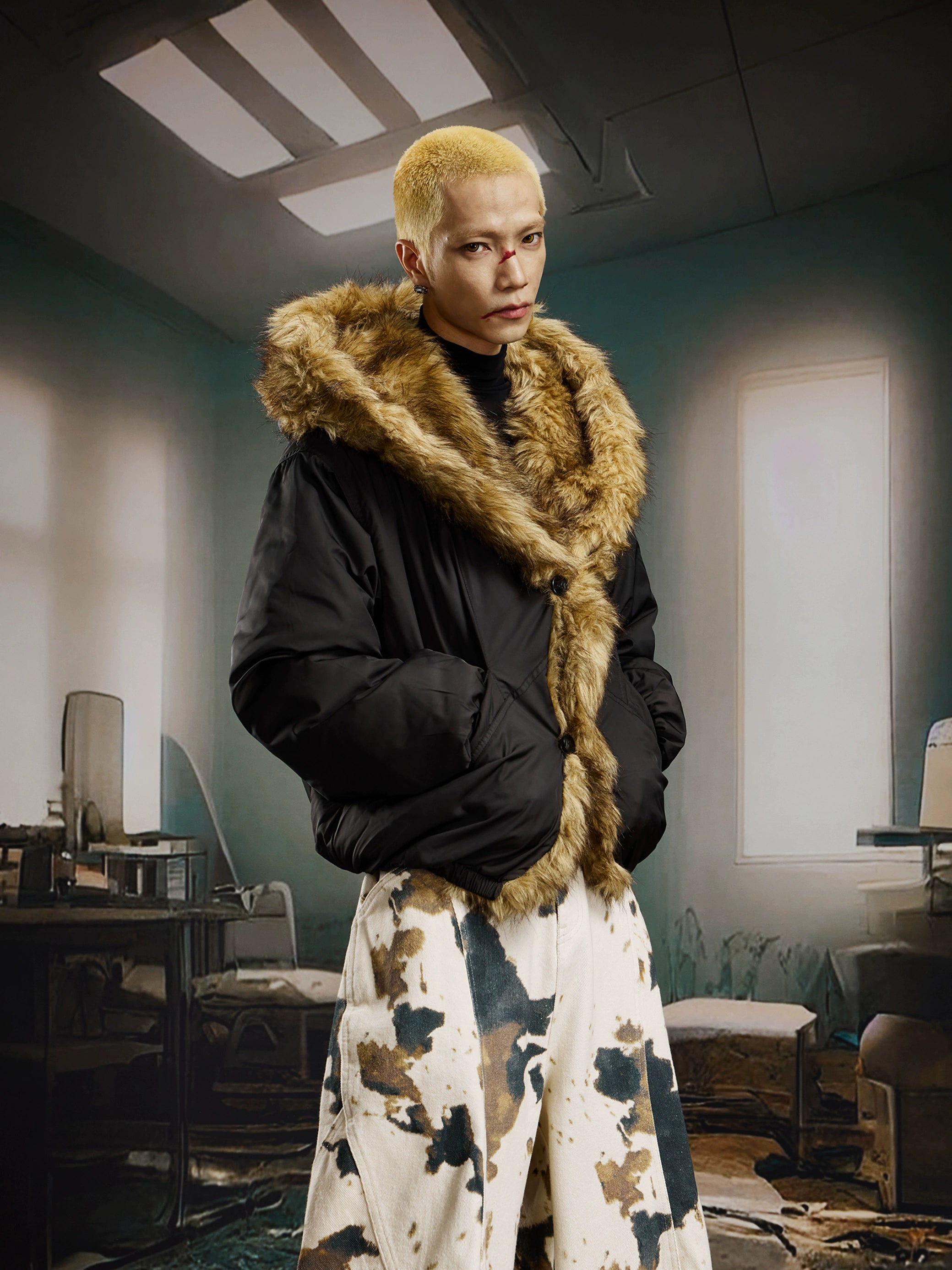 Oversized Fur-Trim Hooded Puffer Coat with Patchwork Design