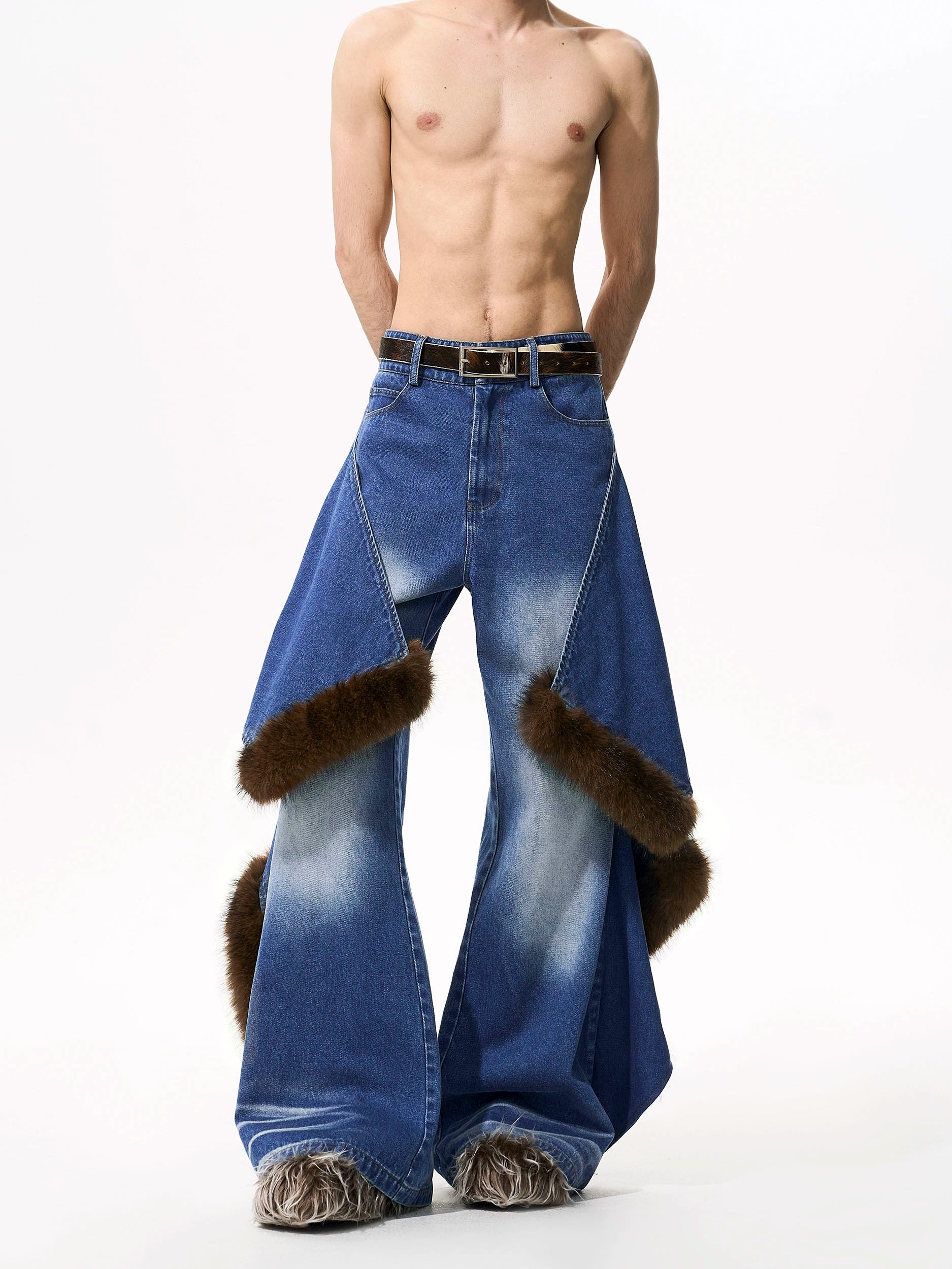 Vintage Faux Fur Patchwork Denim Pants Set