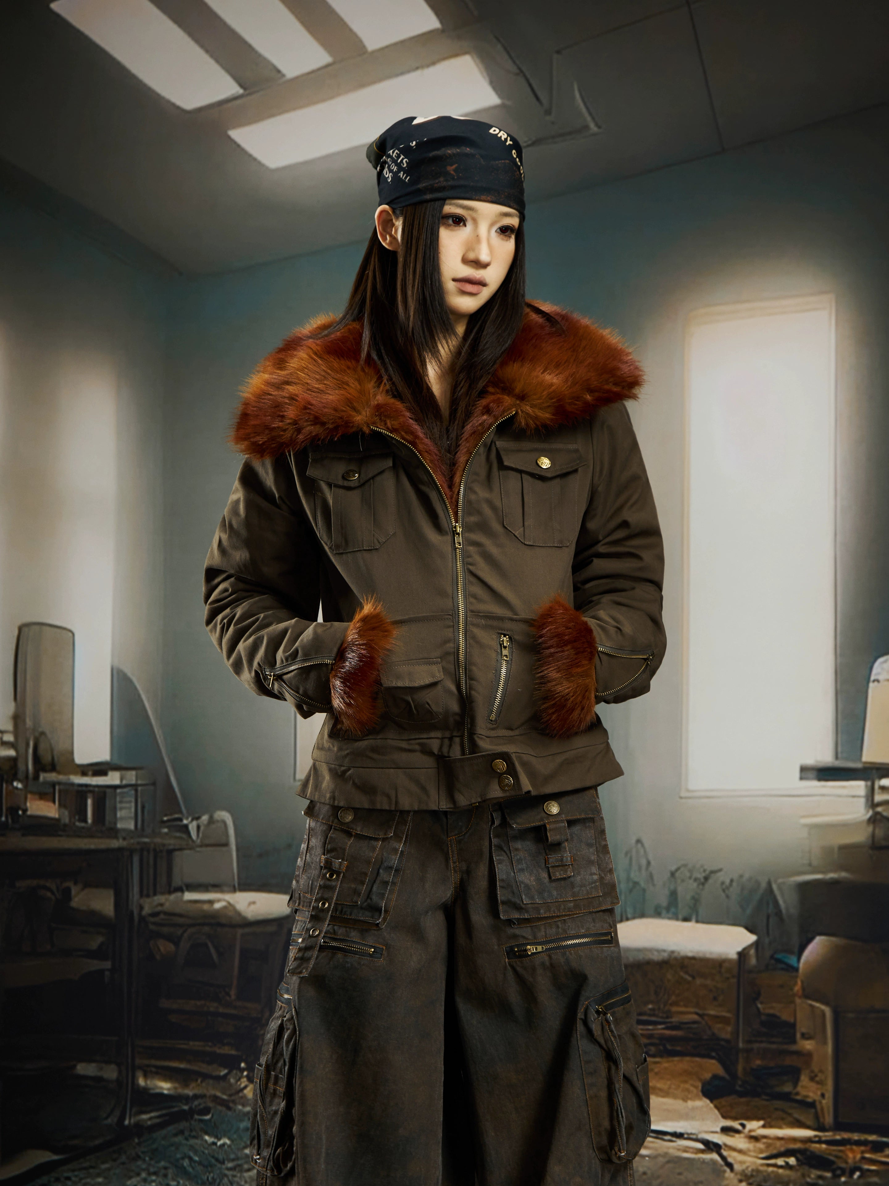 Shibuya Red-Fur Wide-Collar Fitted Cropped Jacket