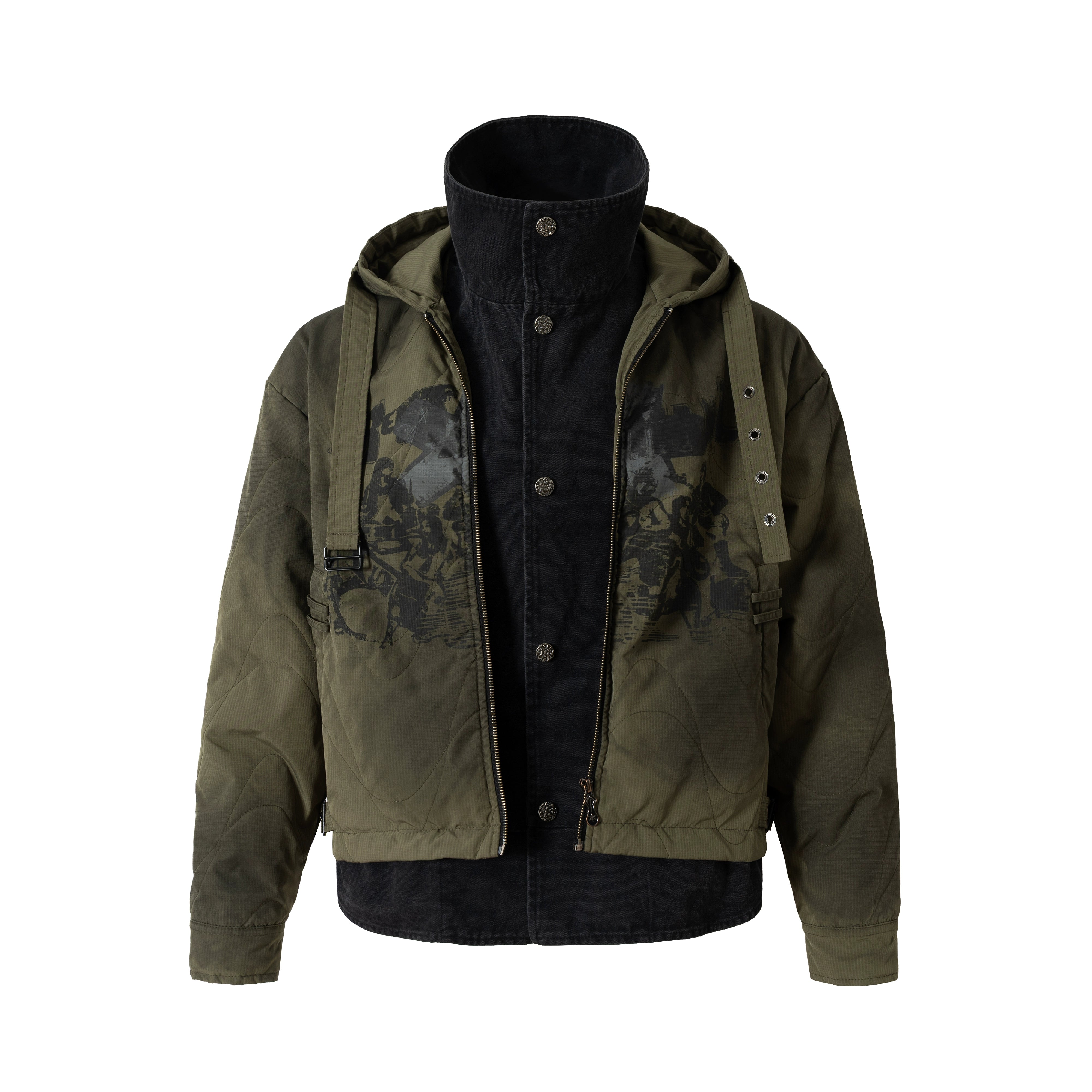 Heavyweight Faux-Layered Hooded Denim Patch Puffer