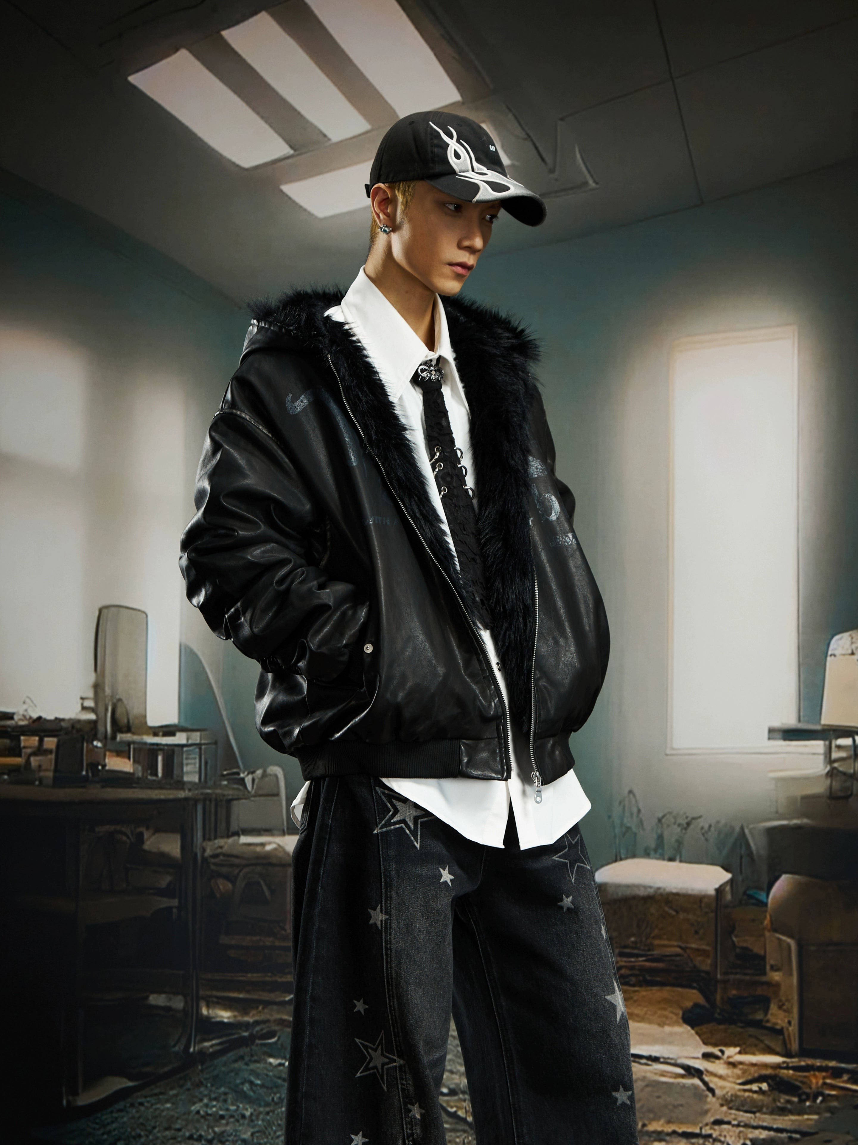 Distressed Dark Print Fur-Collar Hooded Padded Jacket