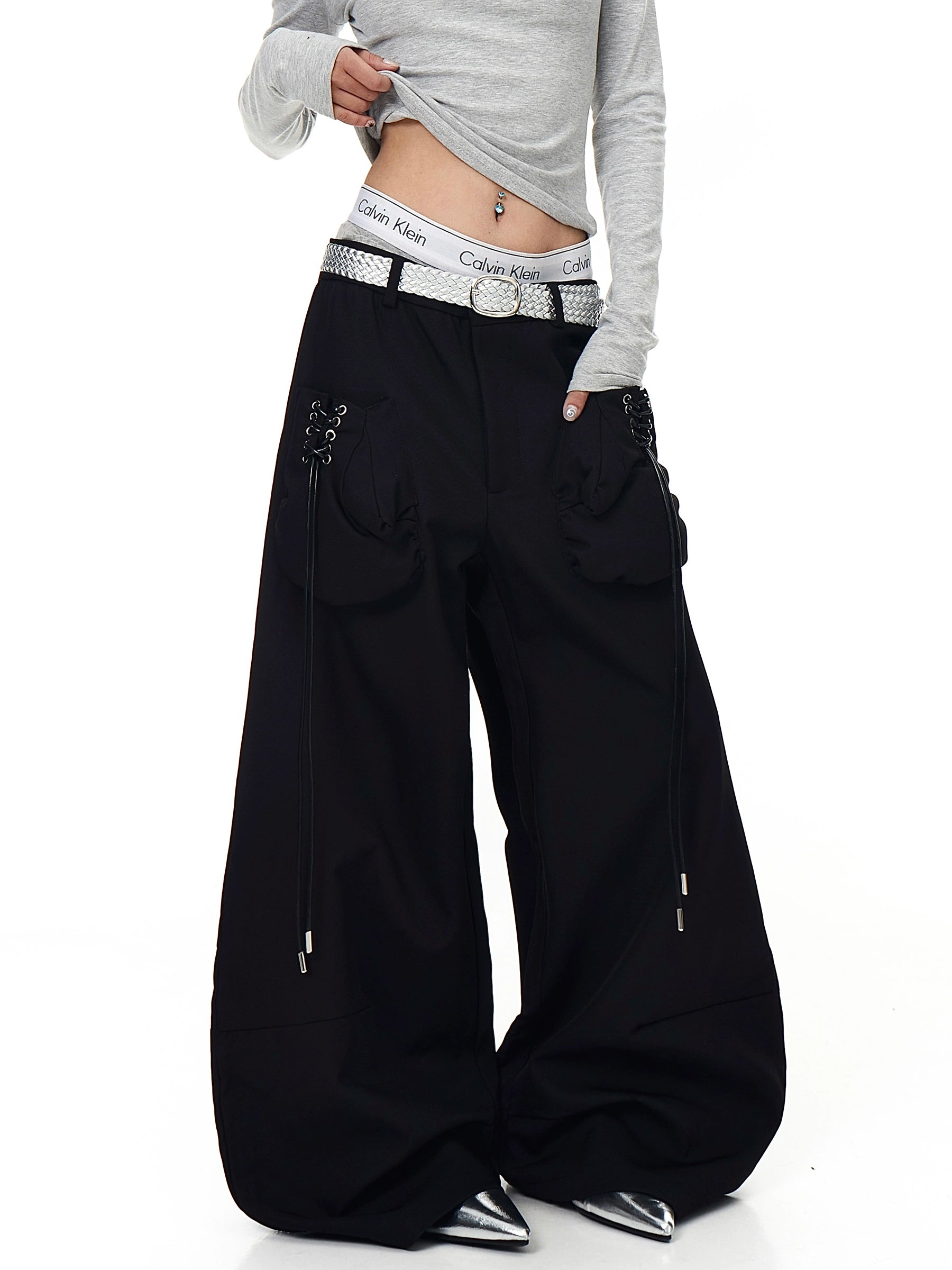 Gray 3D Boxing Glove Wide-Leg Denim Pants with Street Style