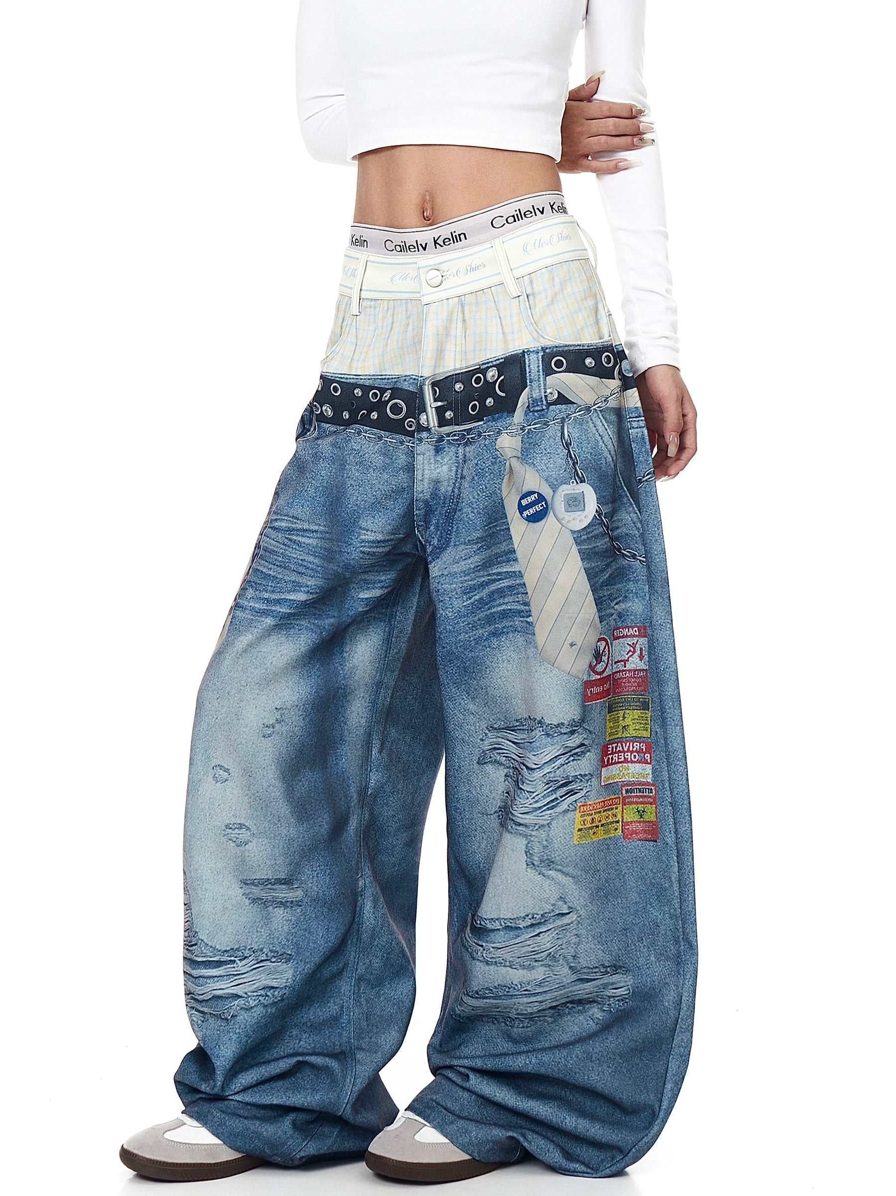3D Chain Print Double-Waist Denim Pants