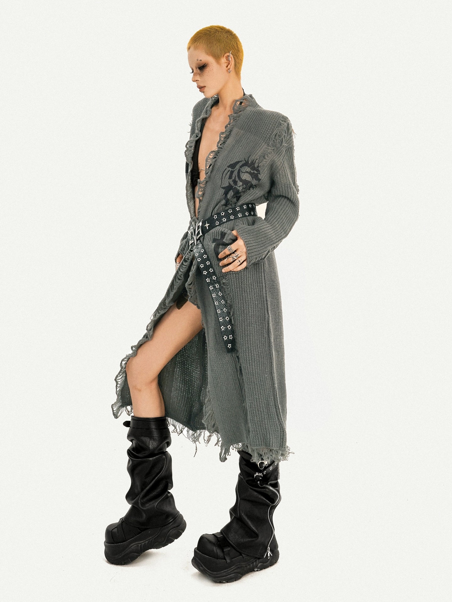 Vintage Long Knit Cardigan with Subculture Design