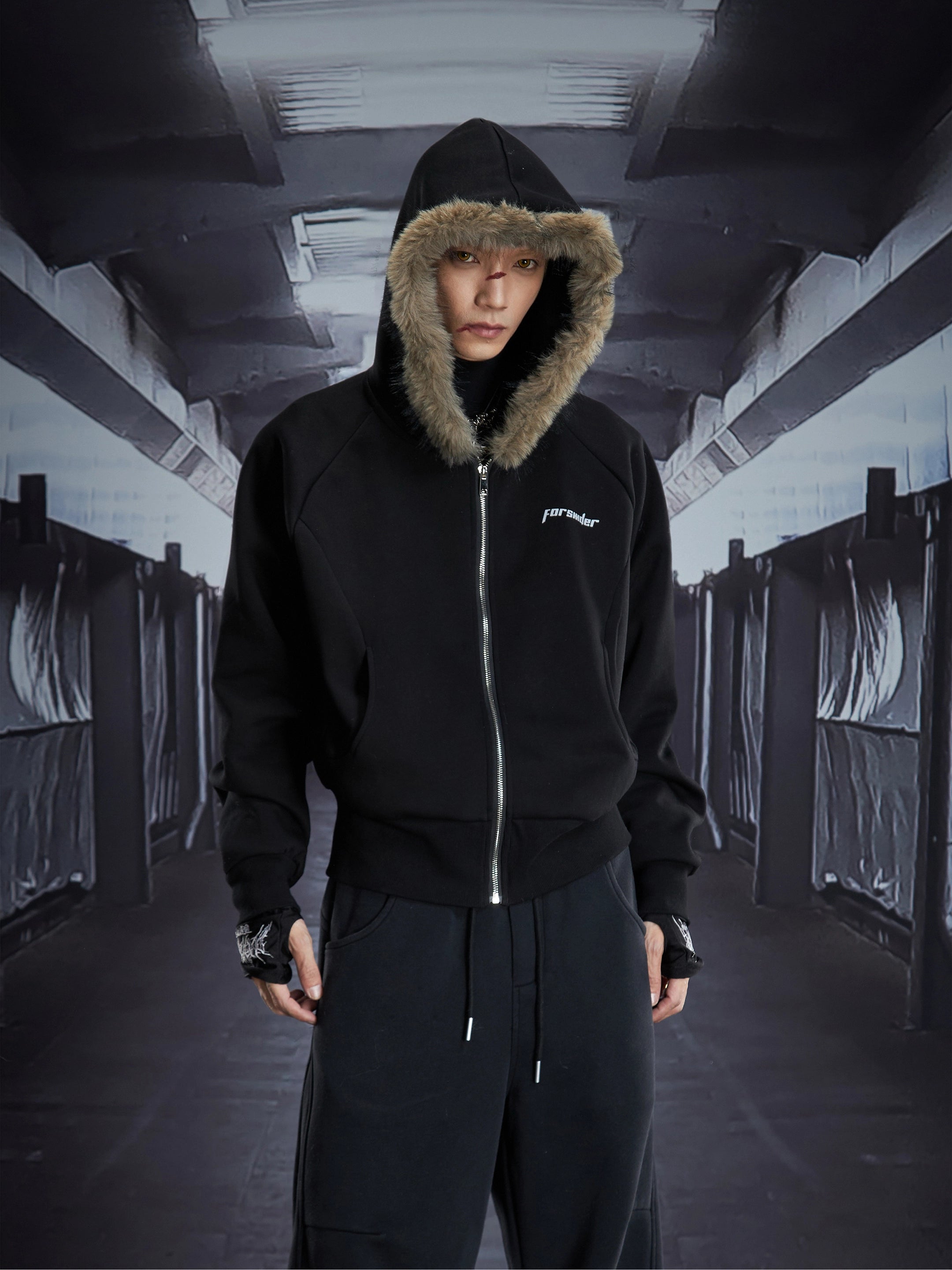 Fuzzy Hooded Deconstructed Layered Crop Hoodie