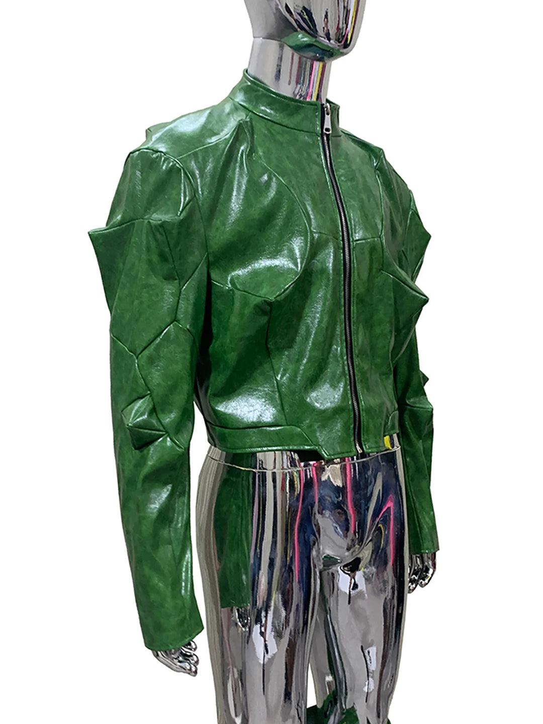 Sanhoostudio Green Glossy Deconstructed Cropped Leather Jacket