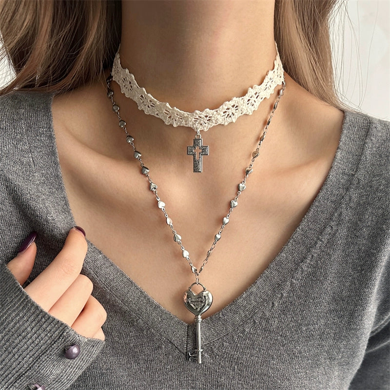 White Lace Cross Key Layered Choker Necklace