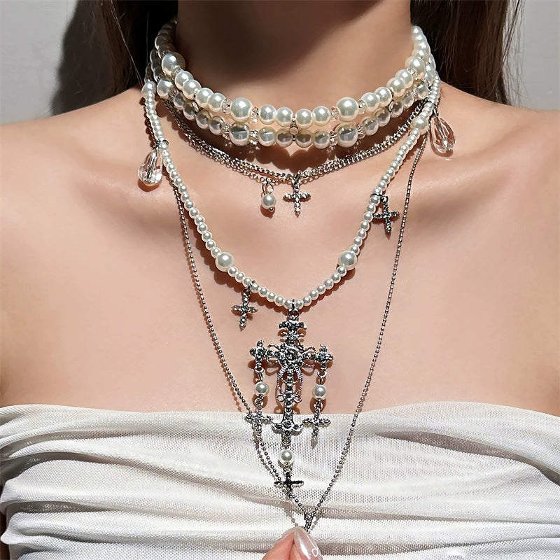 Layered Cross Pearl Choker Necklace