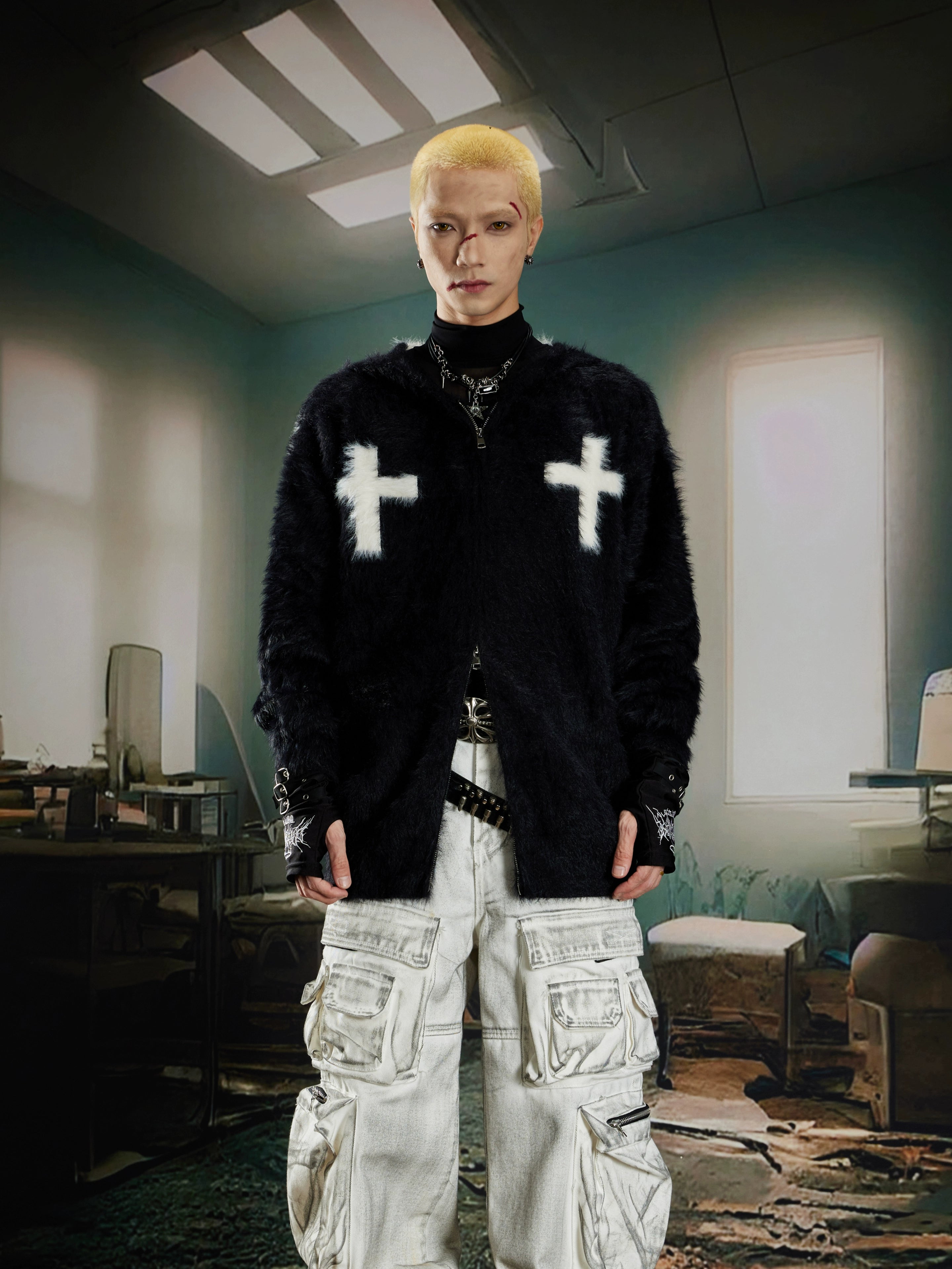 Heavyweight Mohair-Inspired Y2K Hooded Knit Cardigan