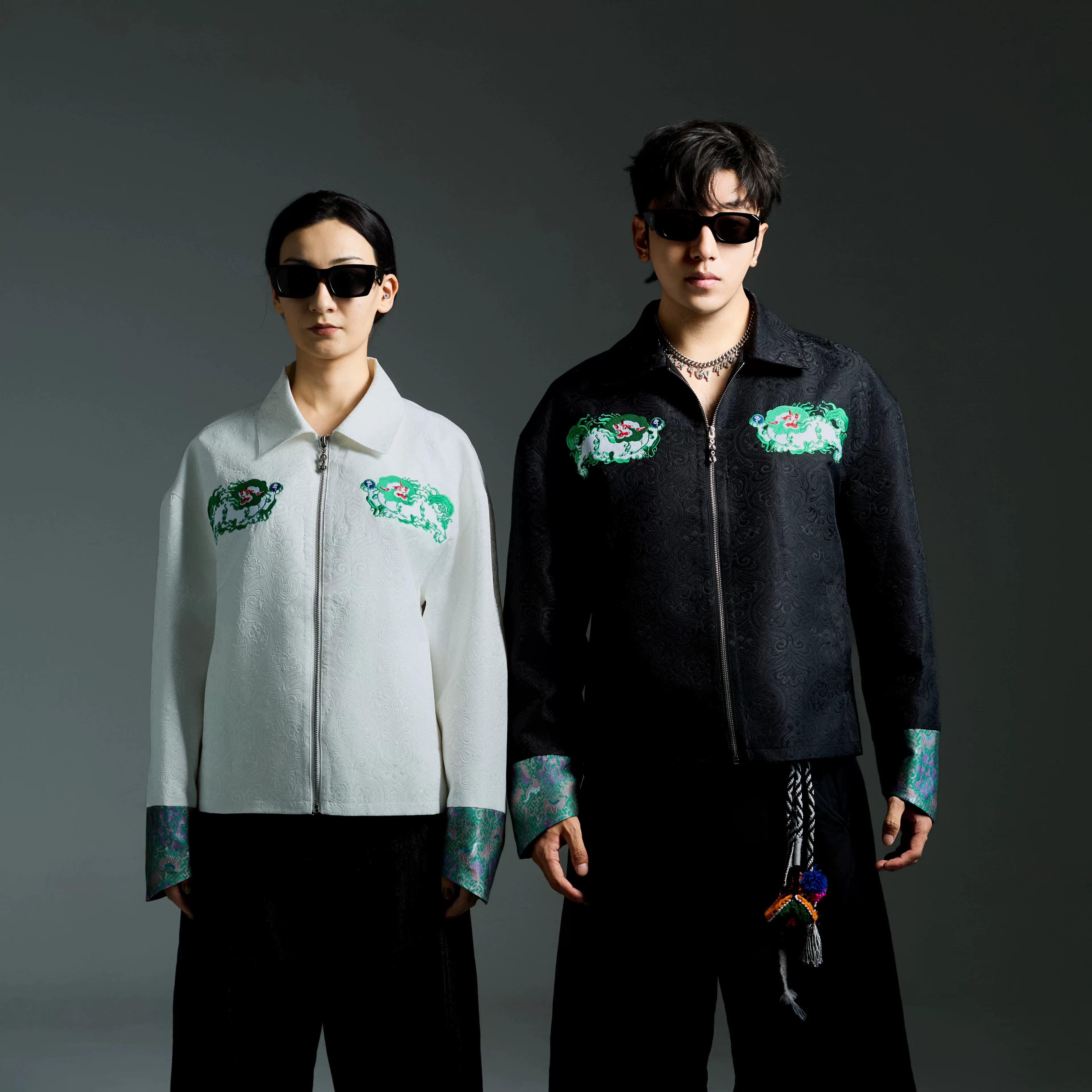 Sanhoostudio embroidered jacket with Tibetan snow lion graphics. A relaxed unisex streetwear piece designed for casual daily wear.