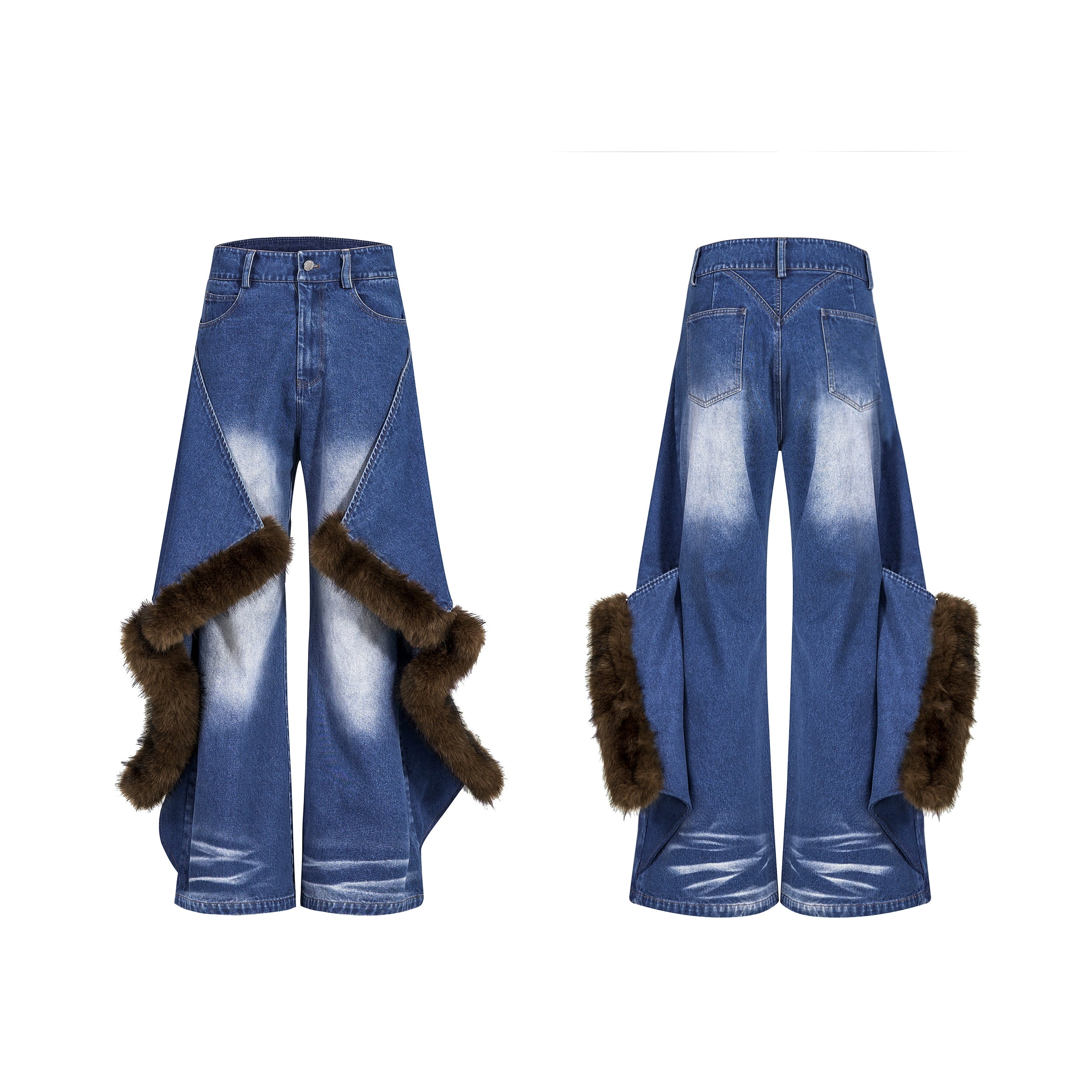 Vintage Faux Fur Patchwork Denim Pants Set