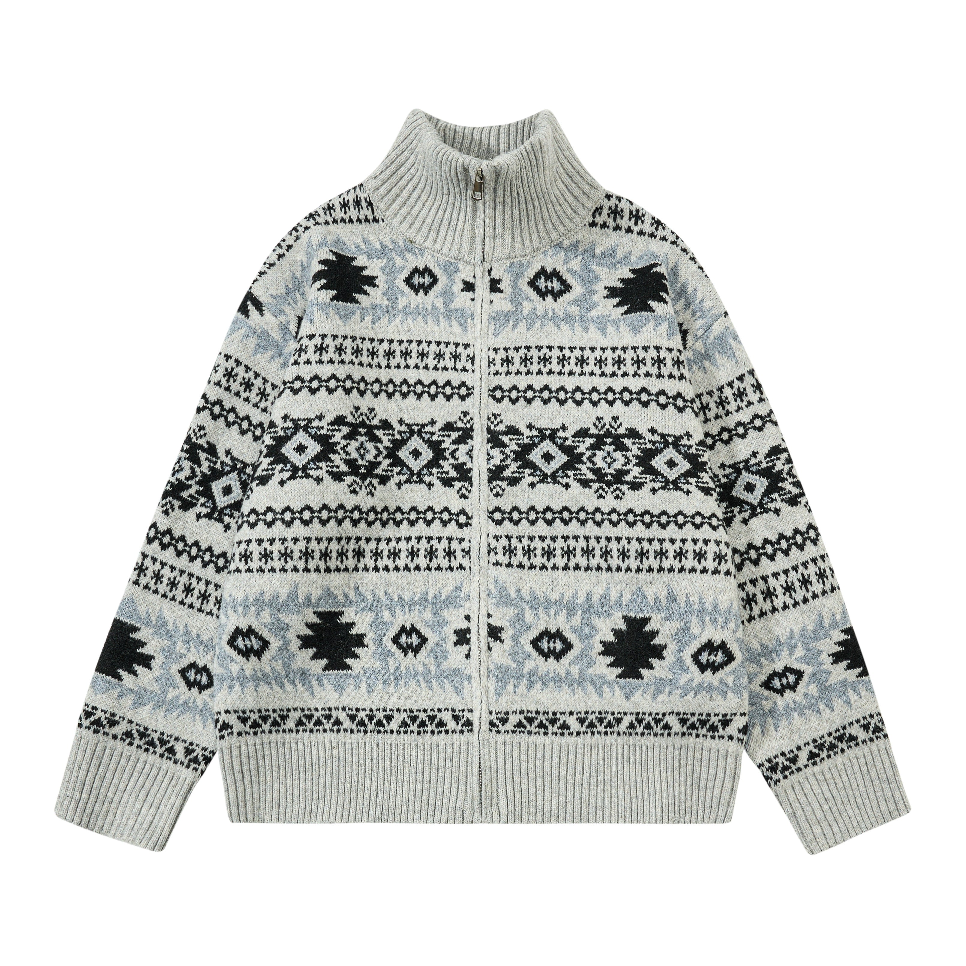 A relaxed stand-collar zip-up knit sweater offering soft warmth and a calm, effortless vibe. A cozy Sanhoostudio staple for autumn and winter.