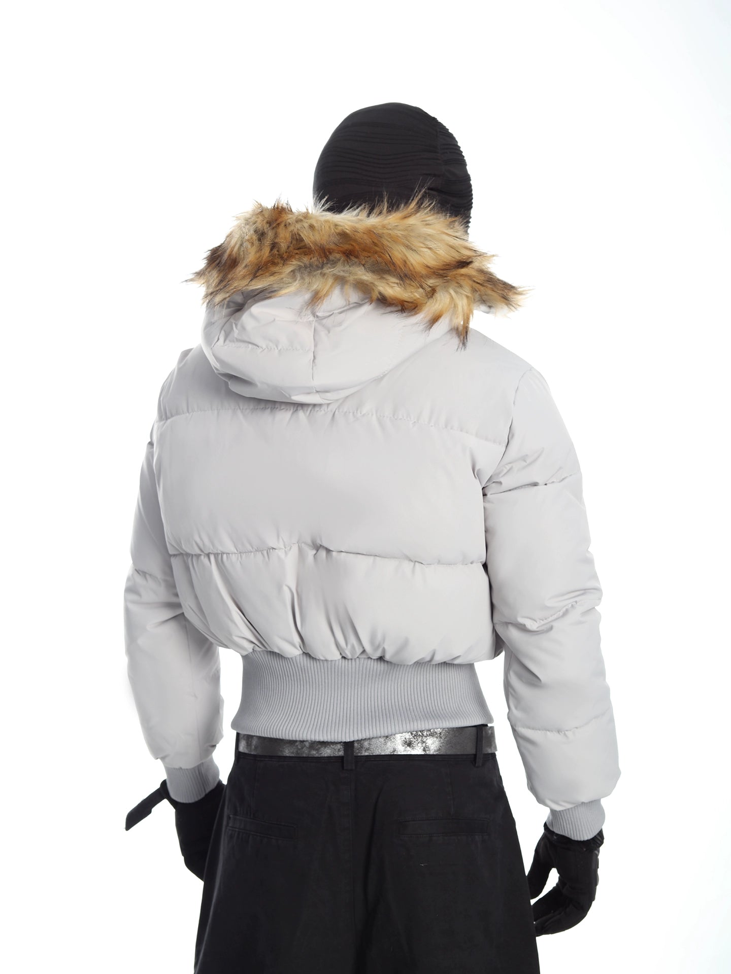 Short Hooded Fur-Trimmed Puffer Jacket with Waist Fit