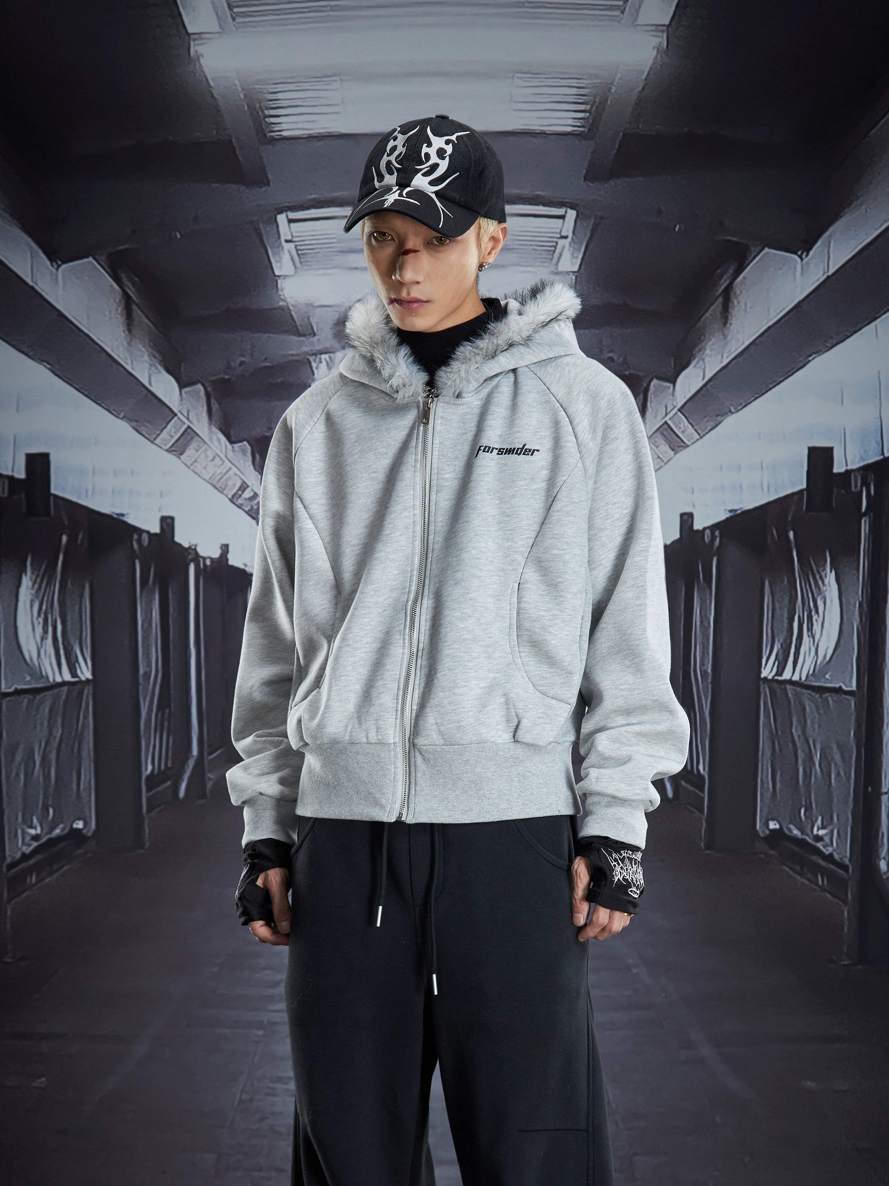 Fuzzy Hooded Deconstructed Layered Crop Hoodie