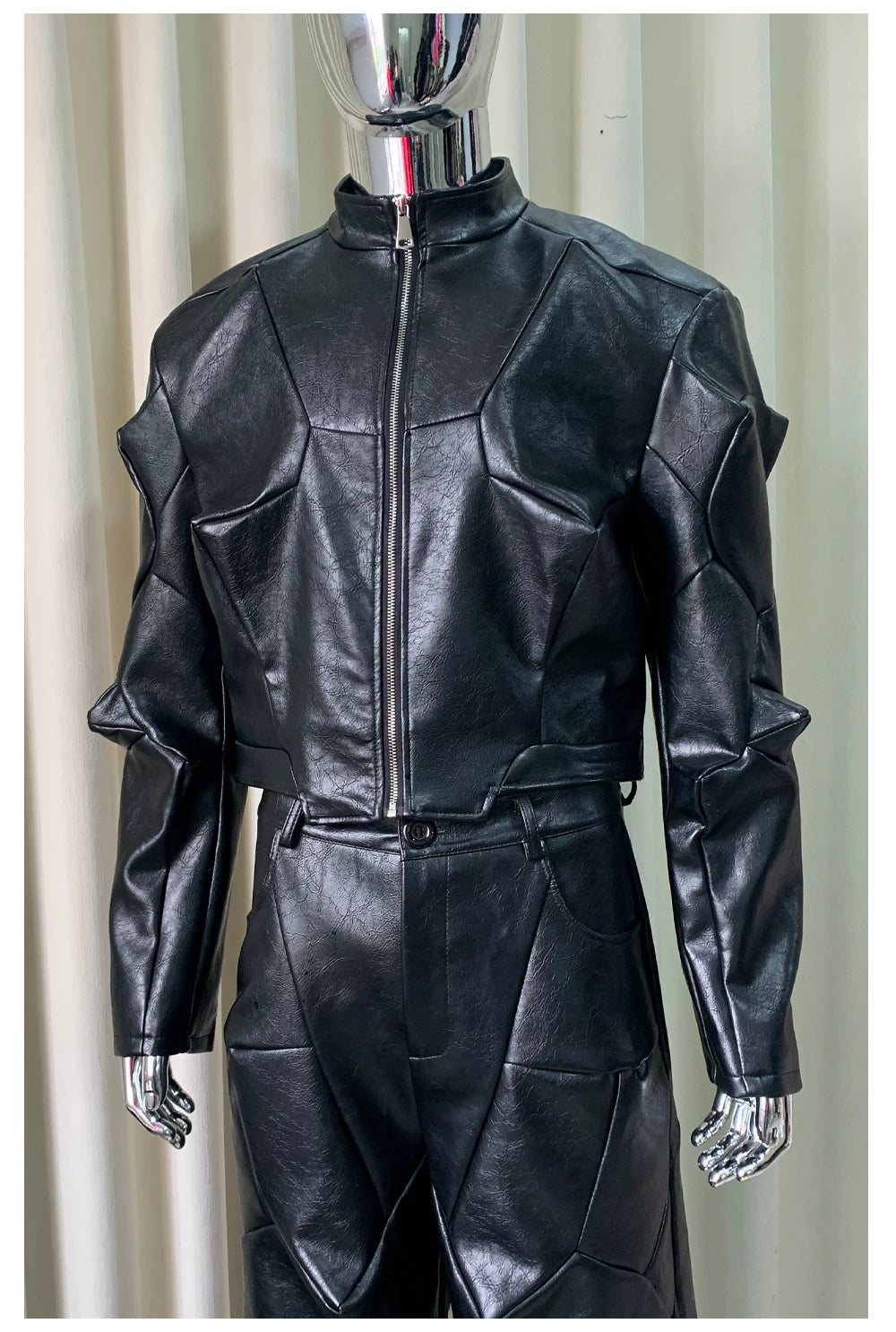 Sanhoostudio Deconstructed Asymmetric PU Leather Jacket