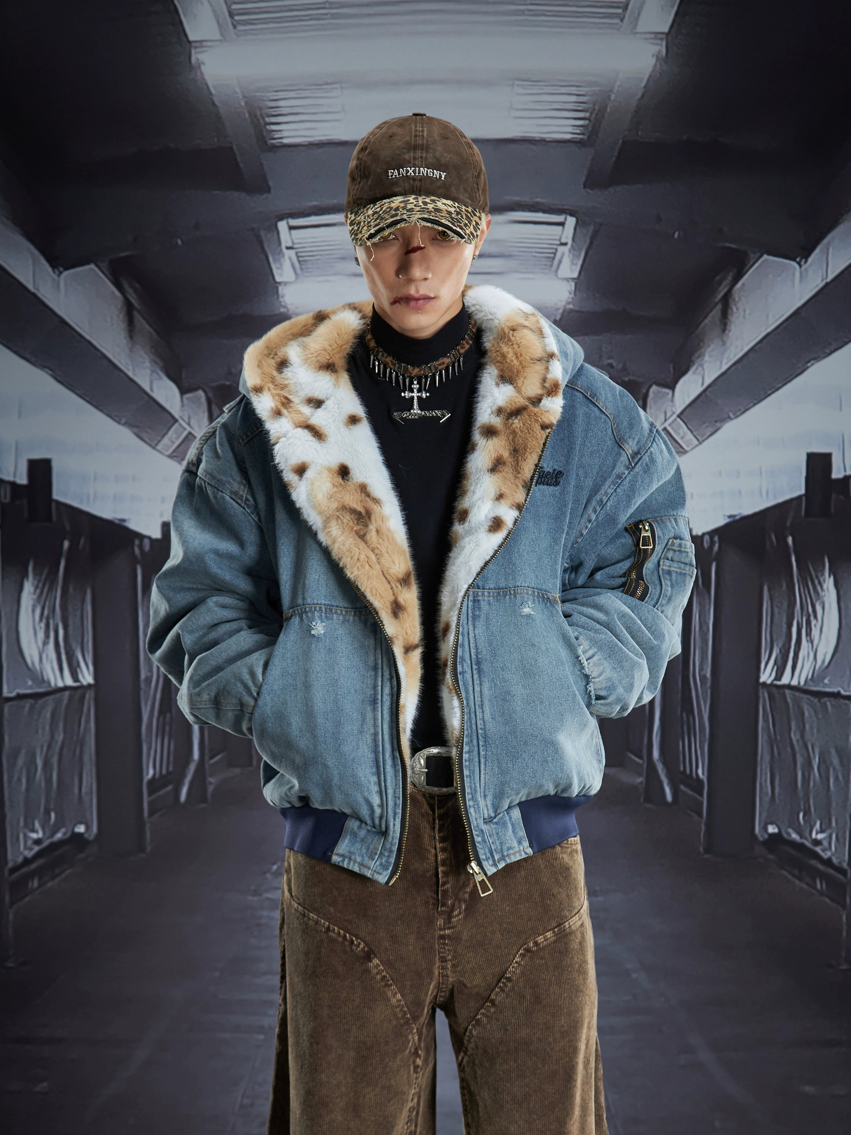 Washed Denim Leopard-Fur Hooded Puffer Jacket