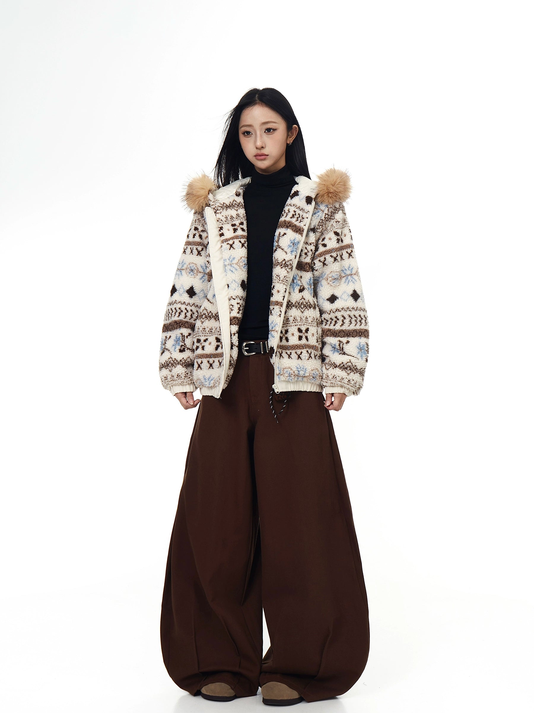 Fair Isle Fur-Hood Sherpa Thick Winter Jacket