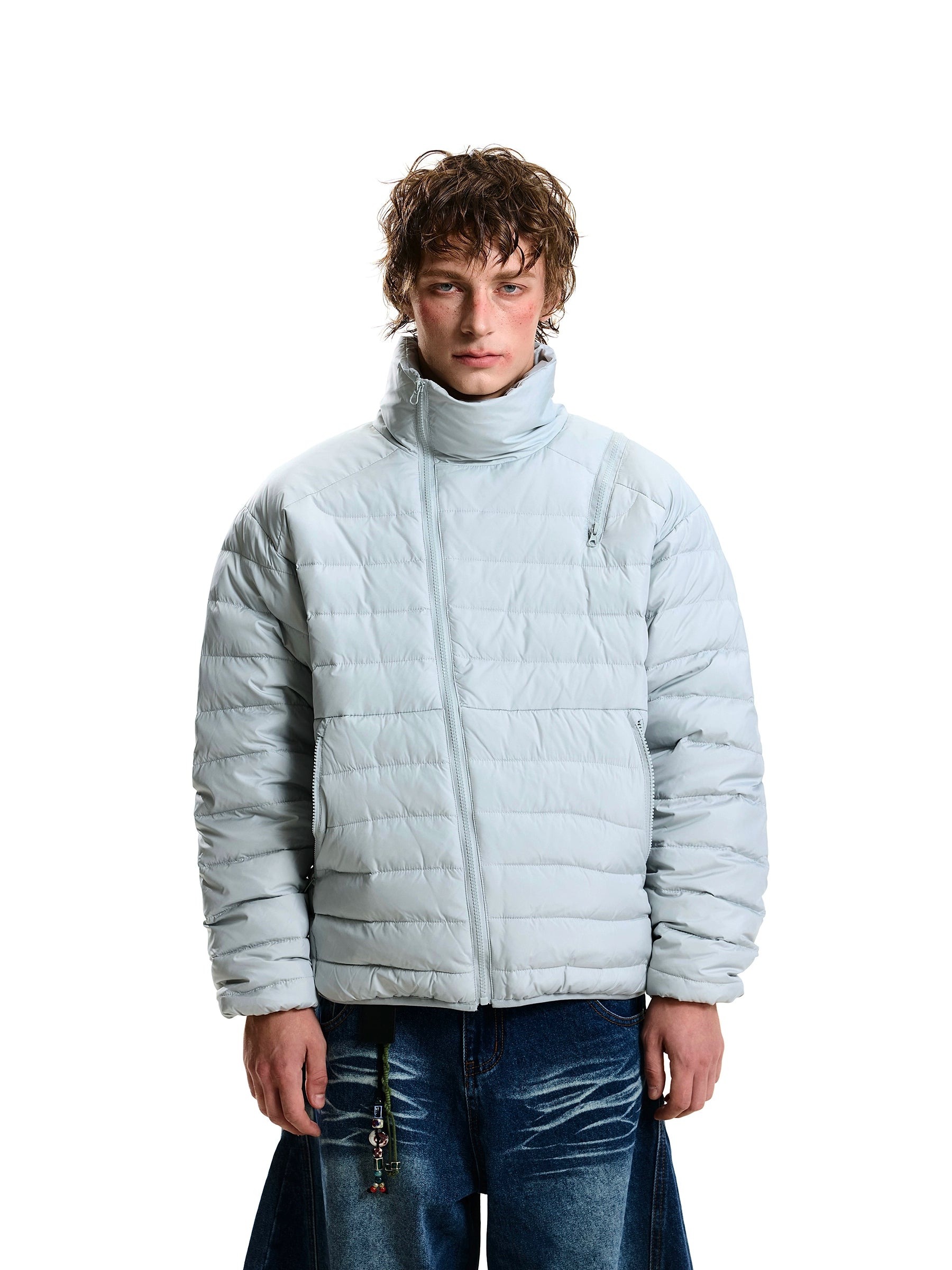 Asymmetric Zip Ribbed High-Neck Down Jacket