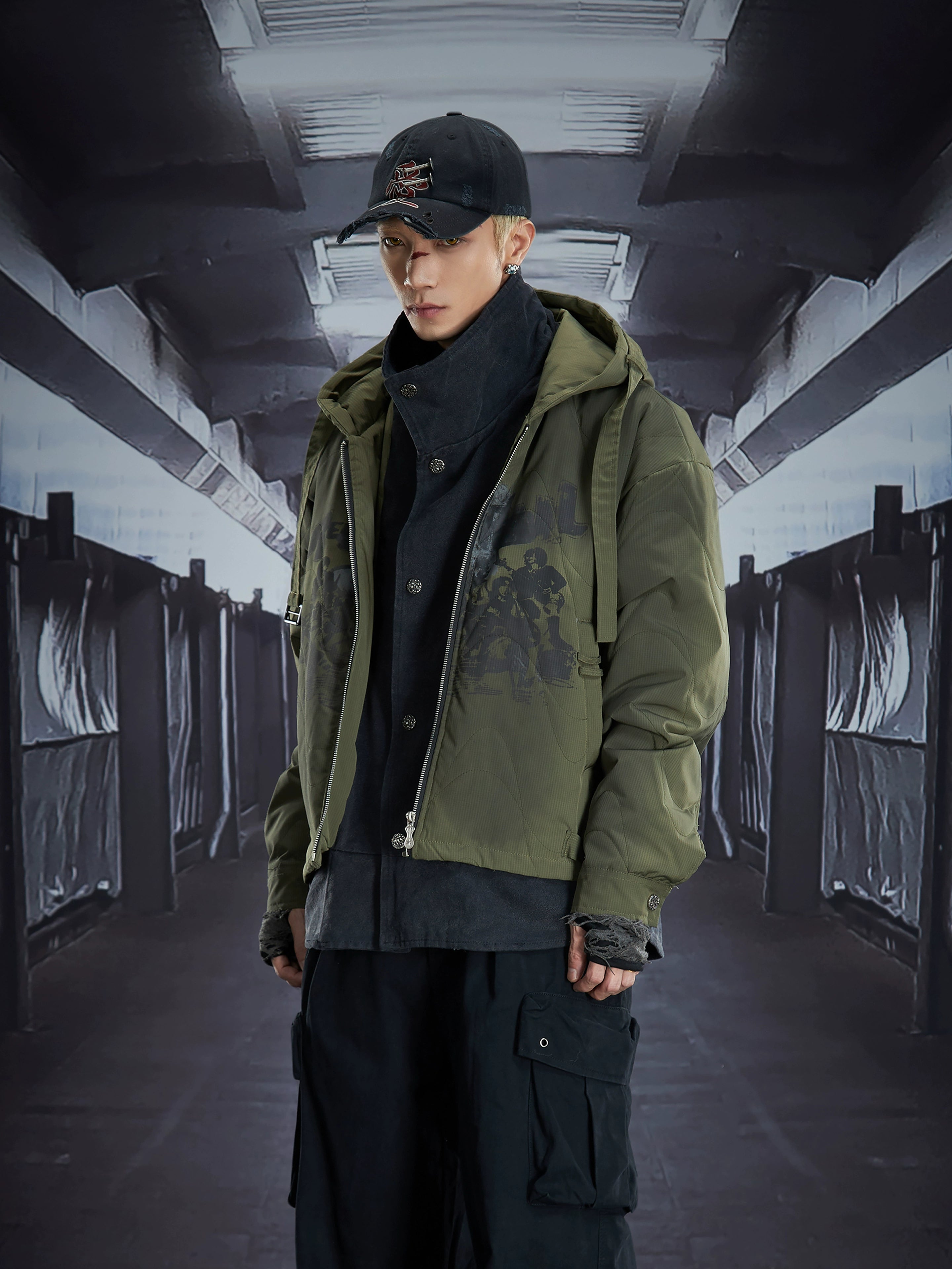 Heavyweight Faux-Layered Hooded Denim Patch Puffer