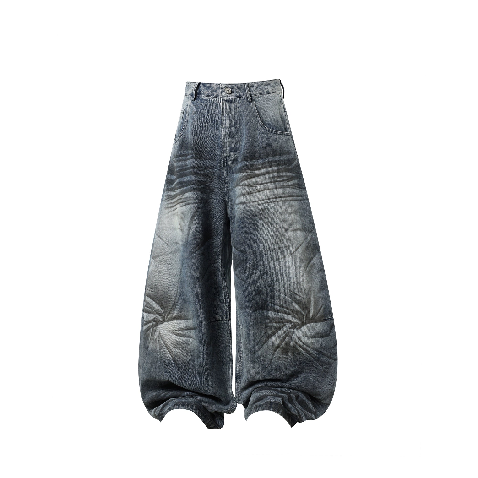 Washed Whisker Curved Denim Wide-Leg Jeans
