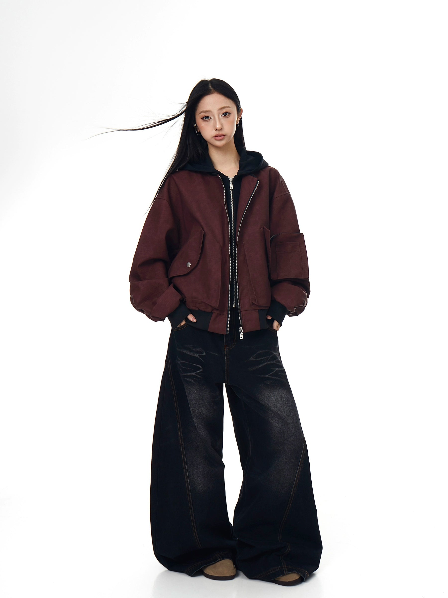 Multi-Pocket Layered Leather Bomber Jacket