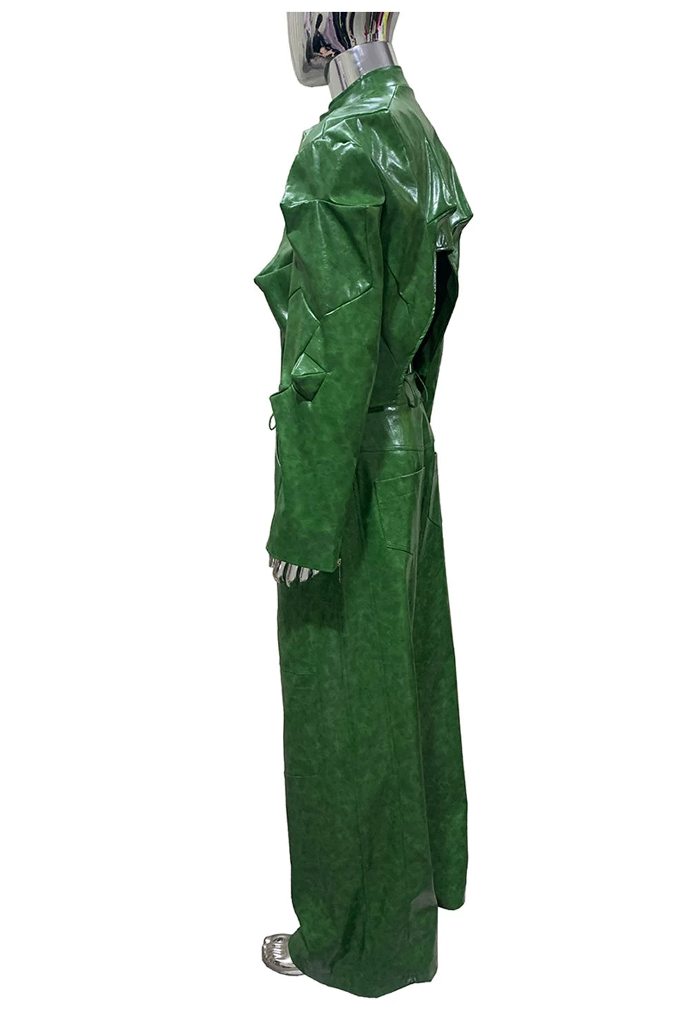 Sanhoostudio Green Glossy Deconstructed Cropped Leather Jacket