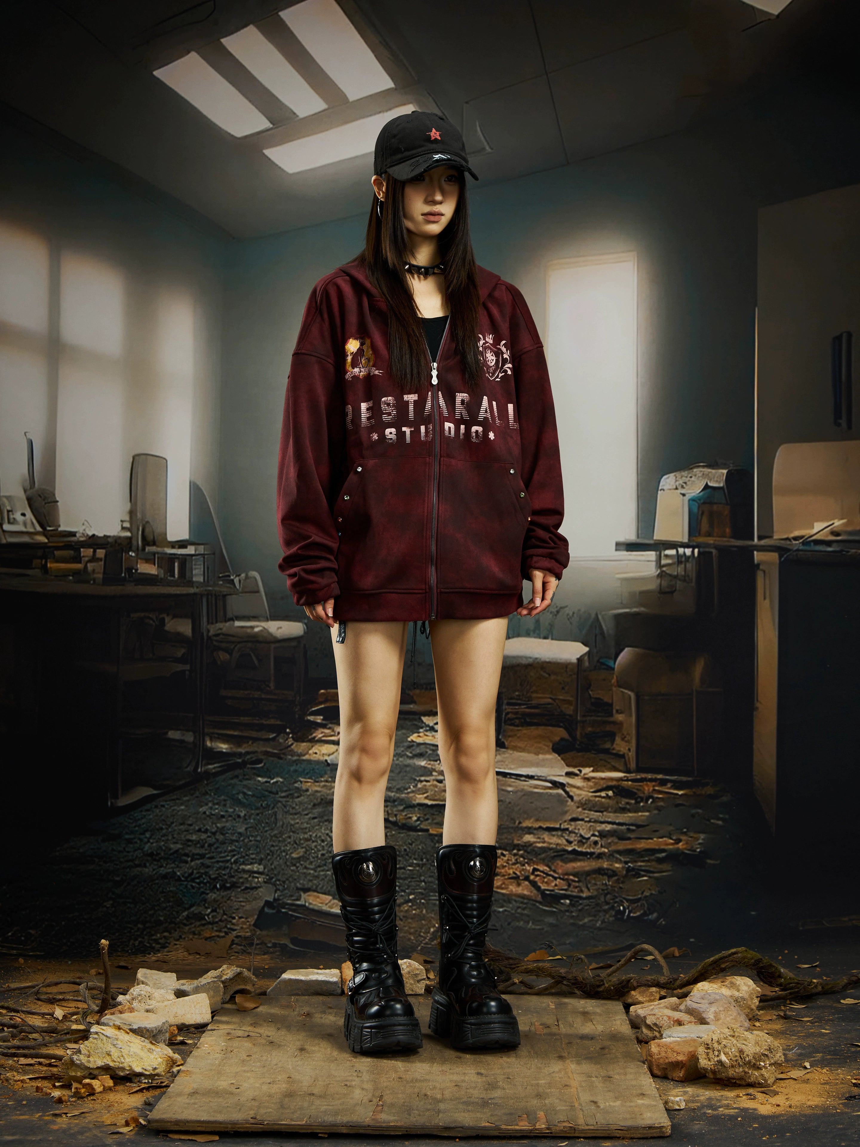 Tie-Dye Embroidered Badge Zip-Up Hoodie