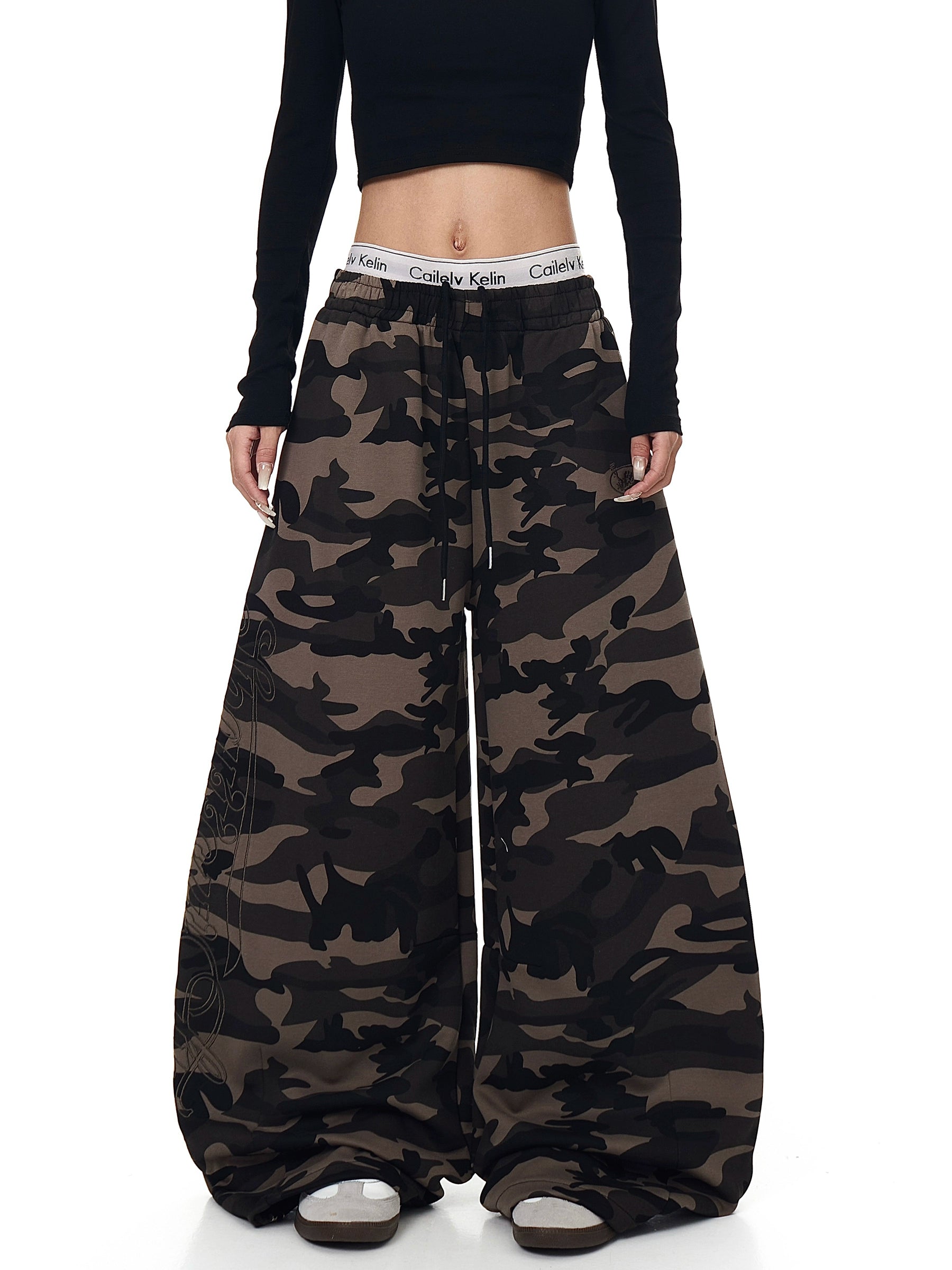 Letter Embroidered Camo Curved Sweatpants