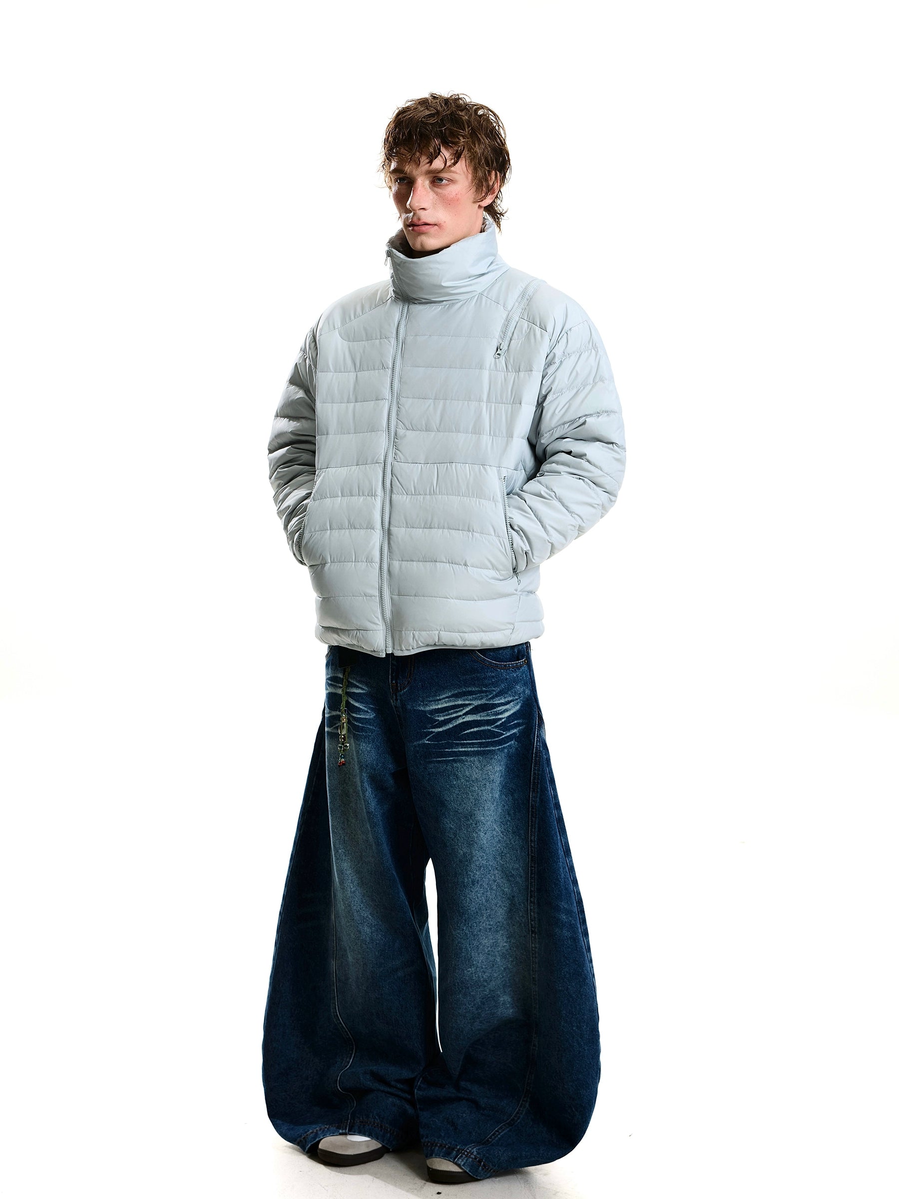 Asymmetric Zip Ribbed High-Neck Down Jacket