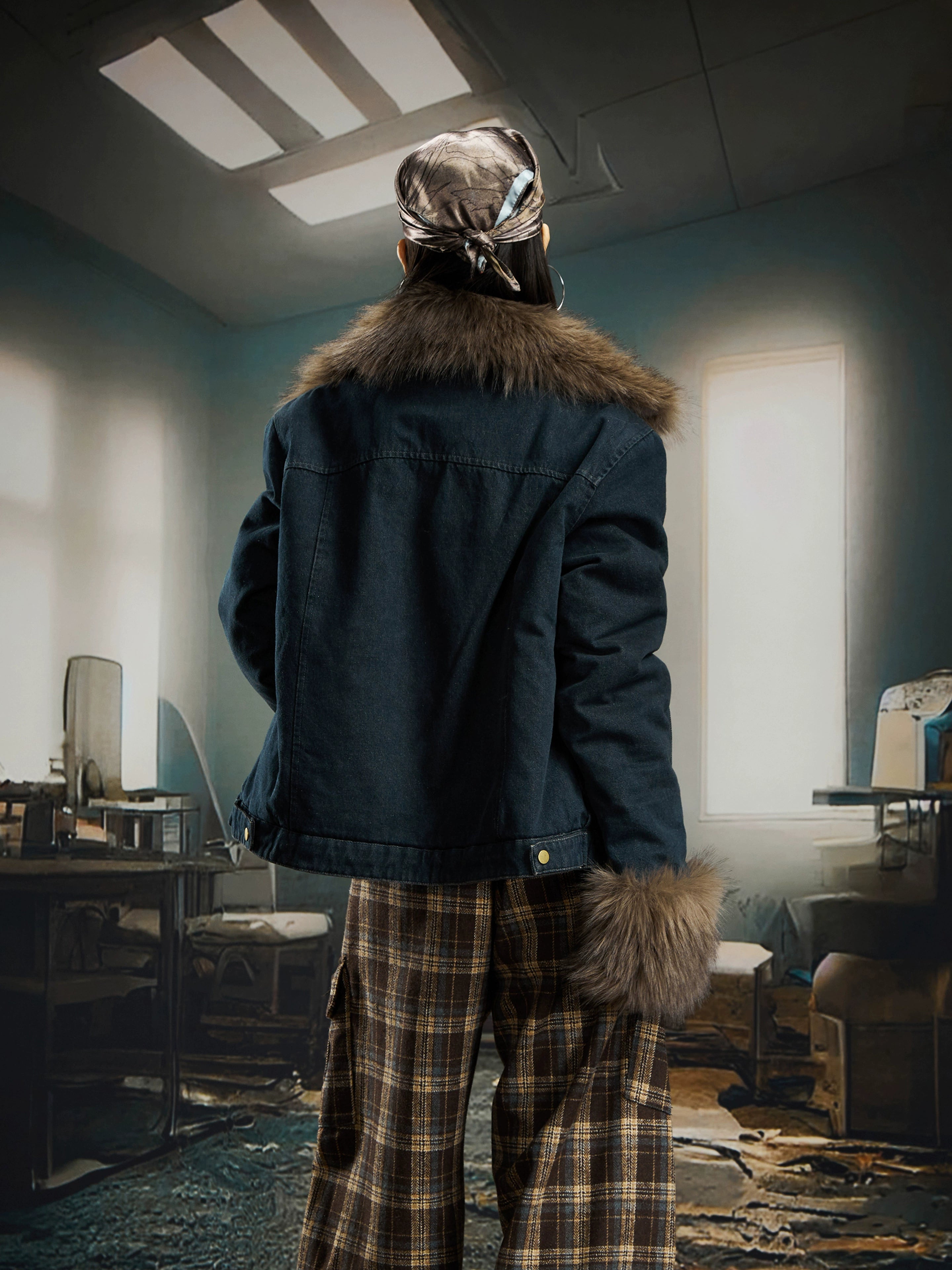 Short Denim Puffer Jacket with Fur Collar