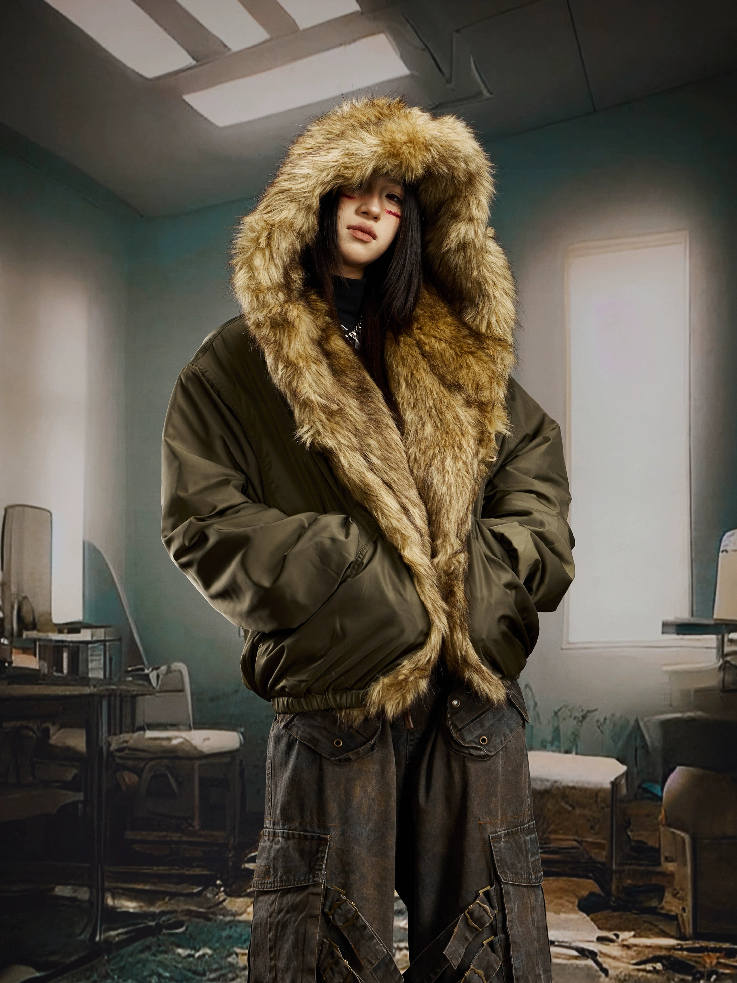 Oversized Fur-Trim Hooded Puffer Coat with Patchwork Design