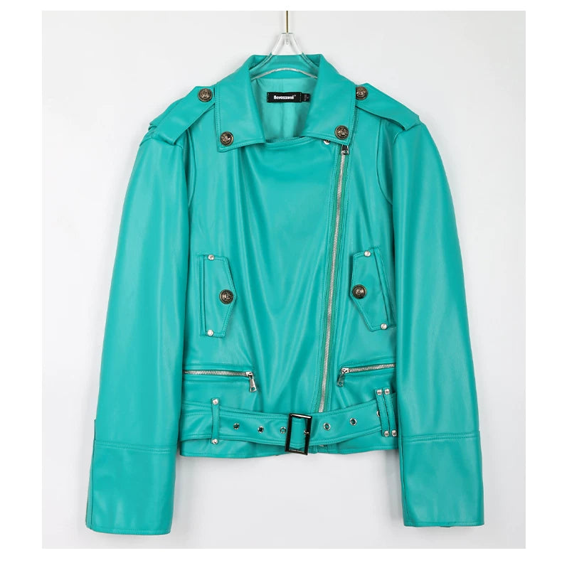 Sanhoostudio Green Cropped PU Moto Jacket