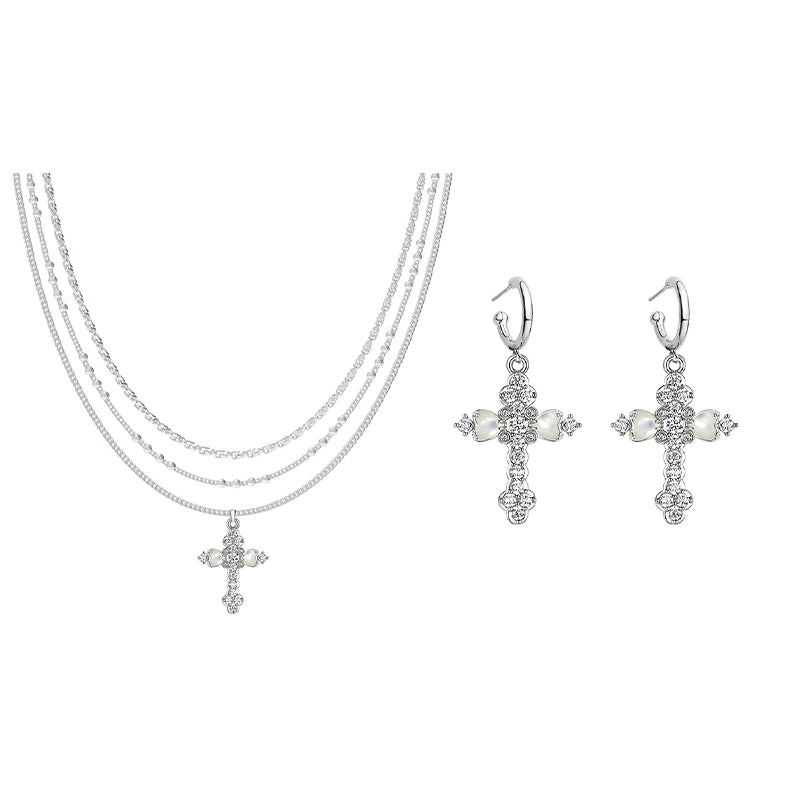 Triple Layer Petal Cross Mother of Pearl Necklace