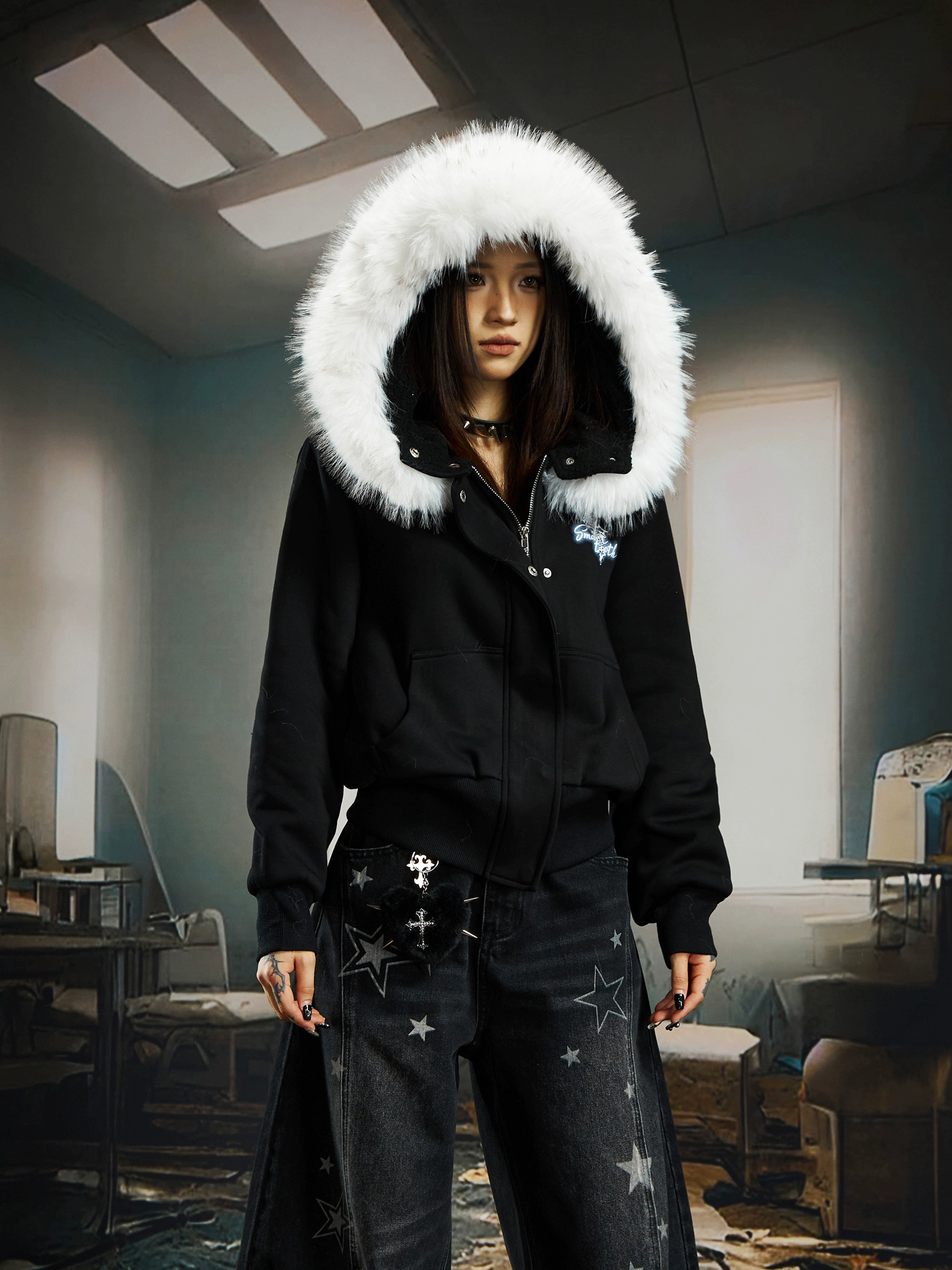 Fuzzy Fleece Short Hooded Hoodie with Plush Lining