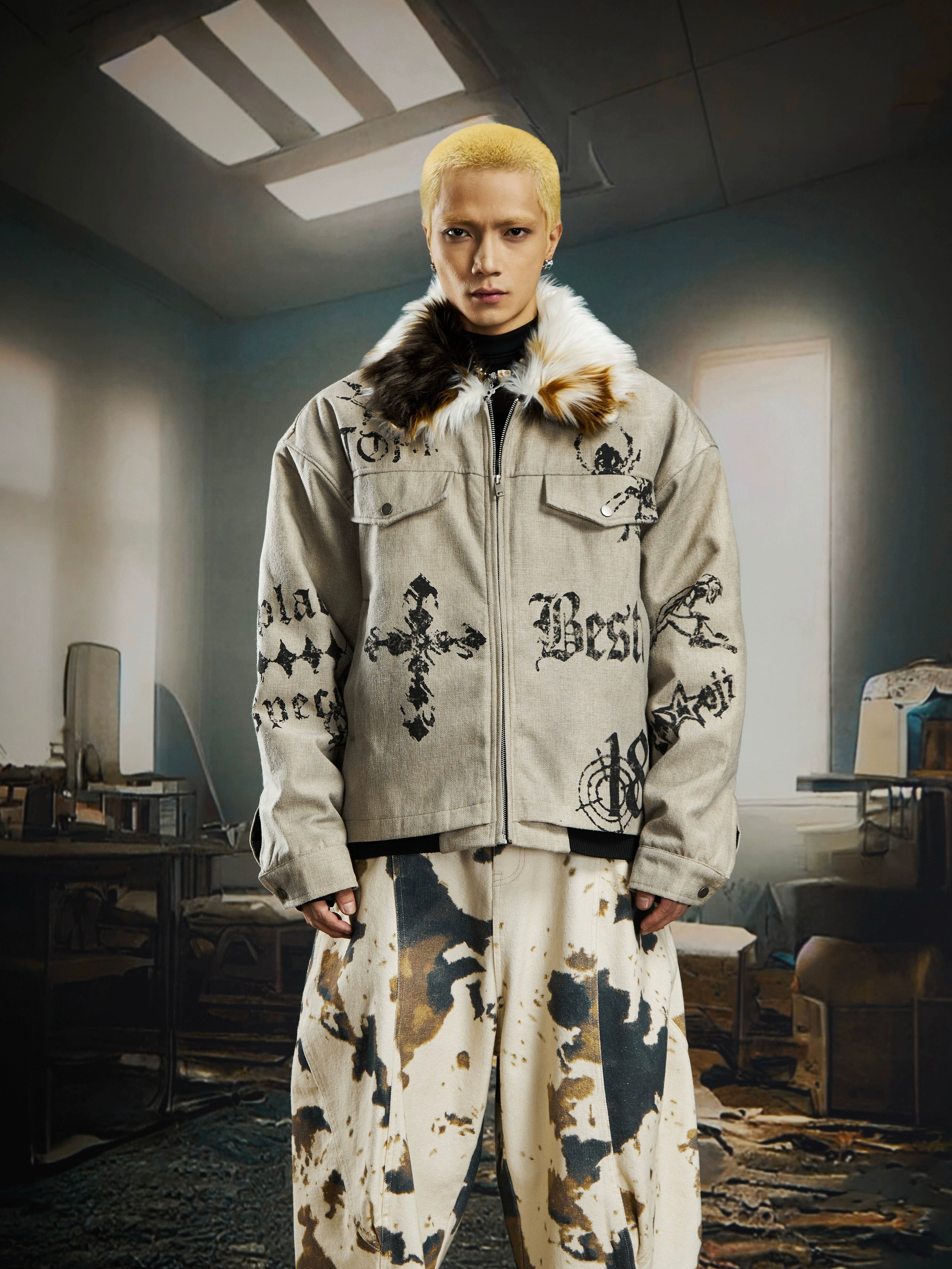 A dark punk-style padded jacket with gothic prints and a soft fur collar. Sanhoostudio’s signature street attitude meets warm winter protection.