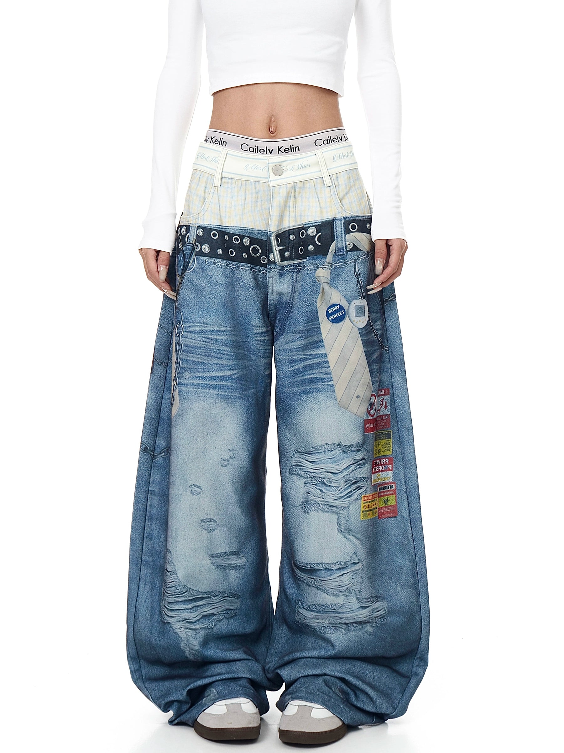3D Chain Print Double-Waist Denim Pants