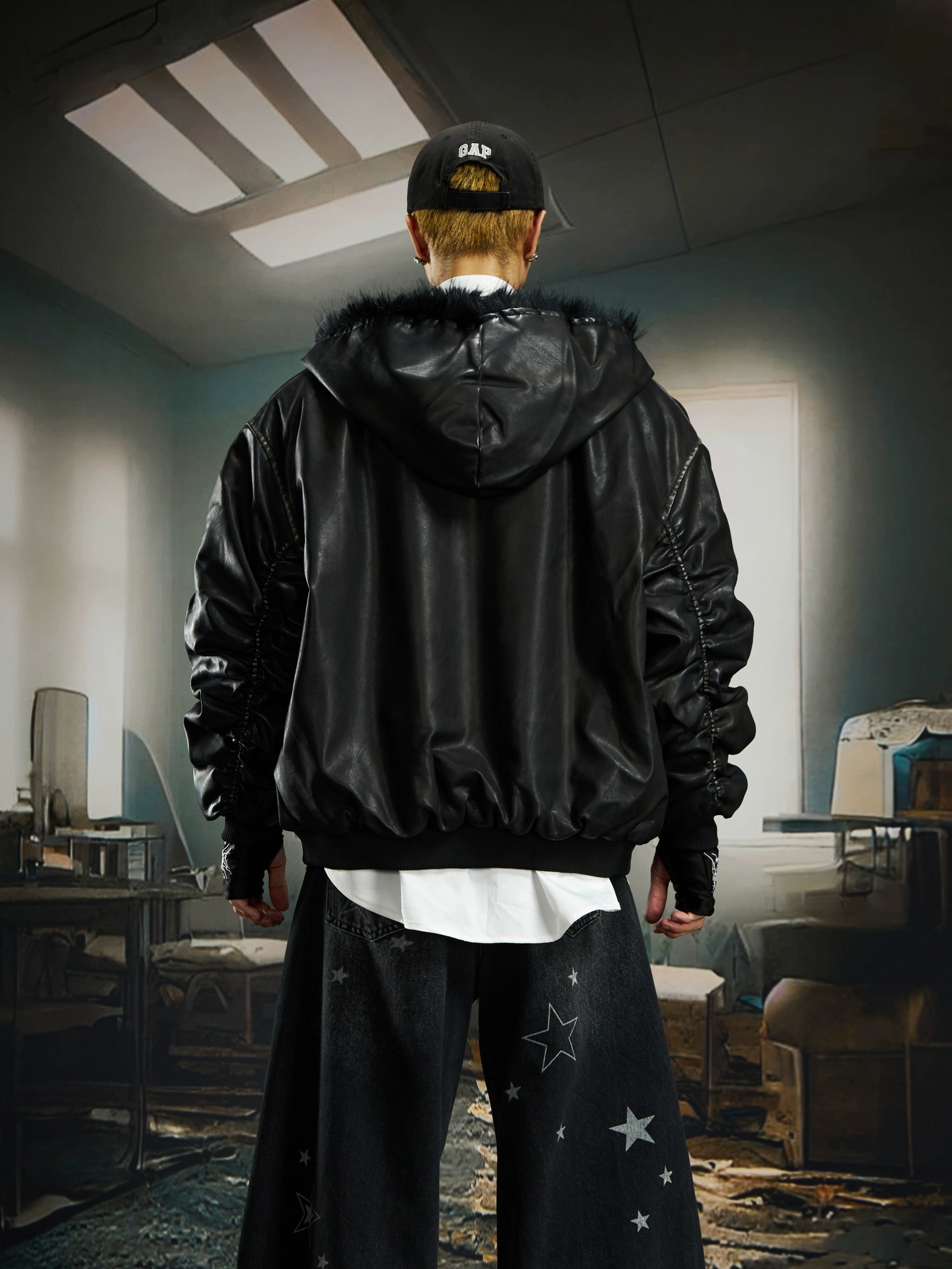 Distressed Dark Print Fur-Collar Hooded Padded Jacket