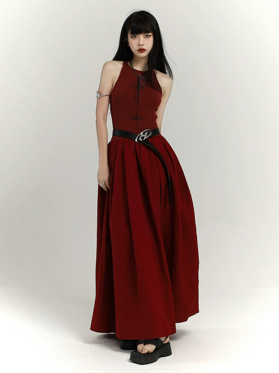 Red Waist Cinched Maxi Dress