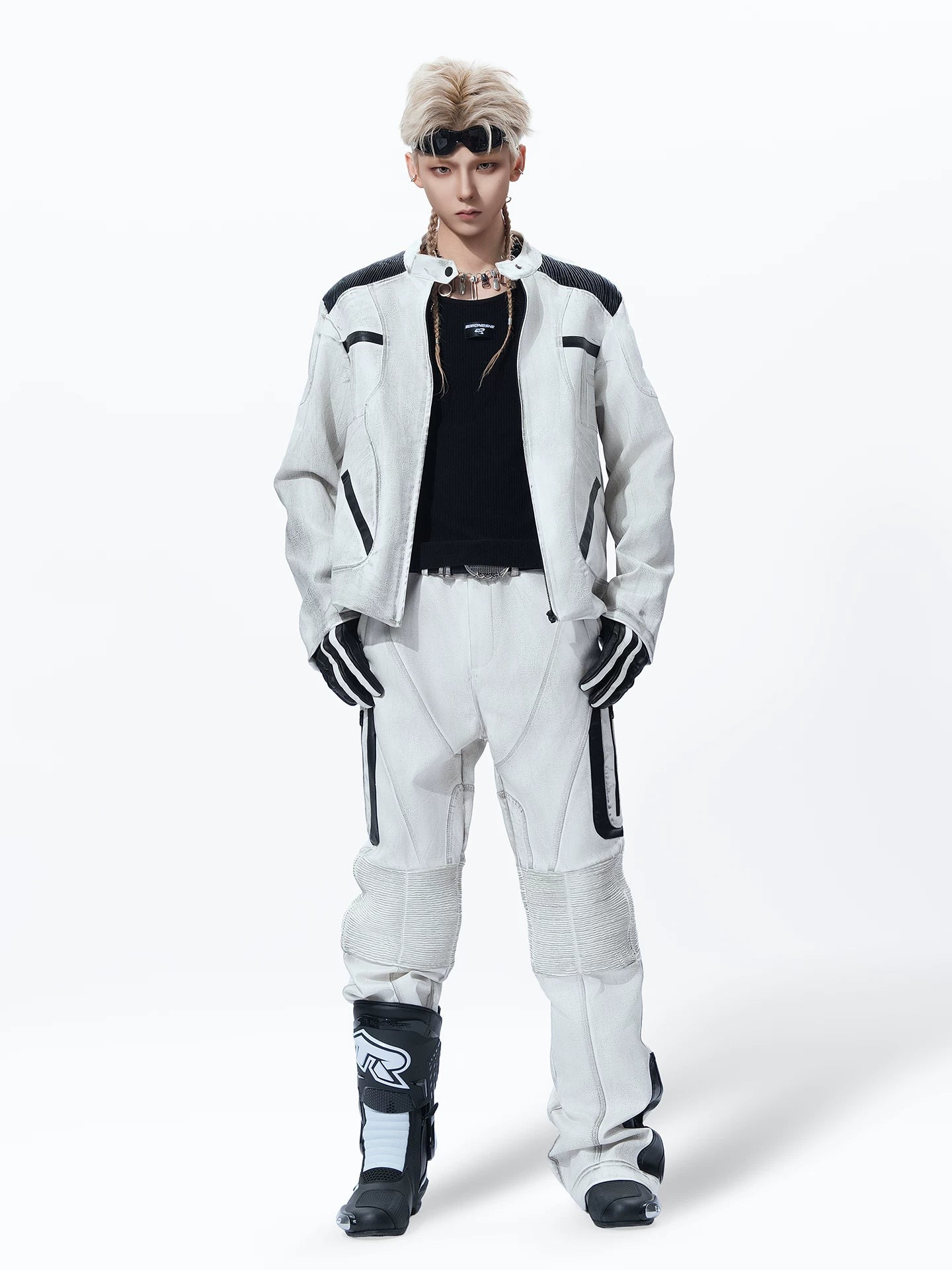 Sanhoostudio leather jacket featuring distressed finish and relaxed fit for bold streetwear styling.