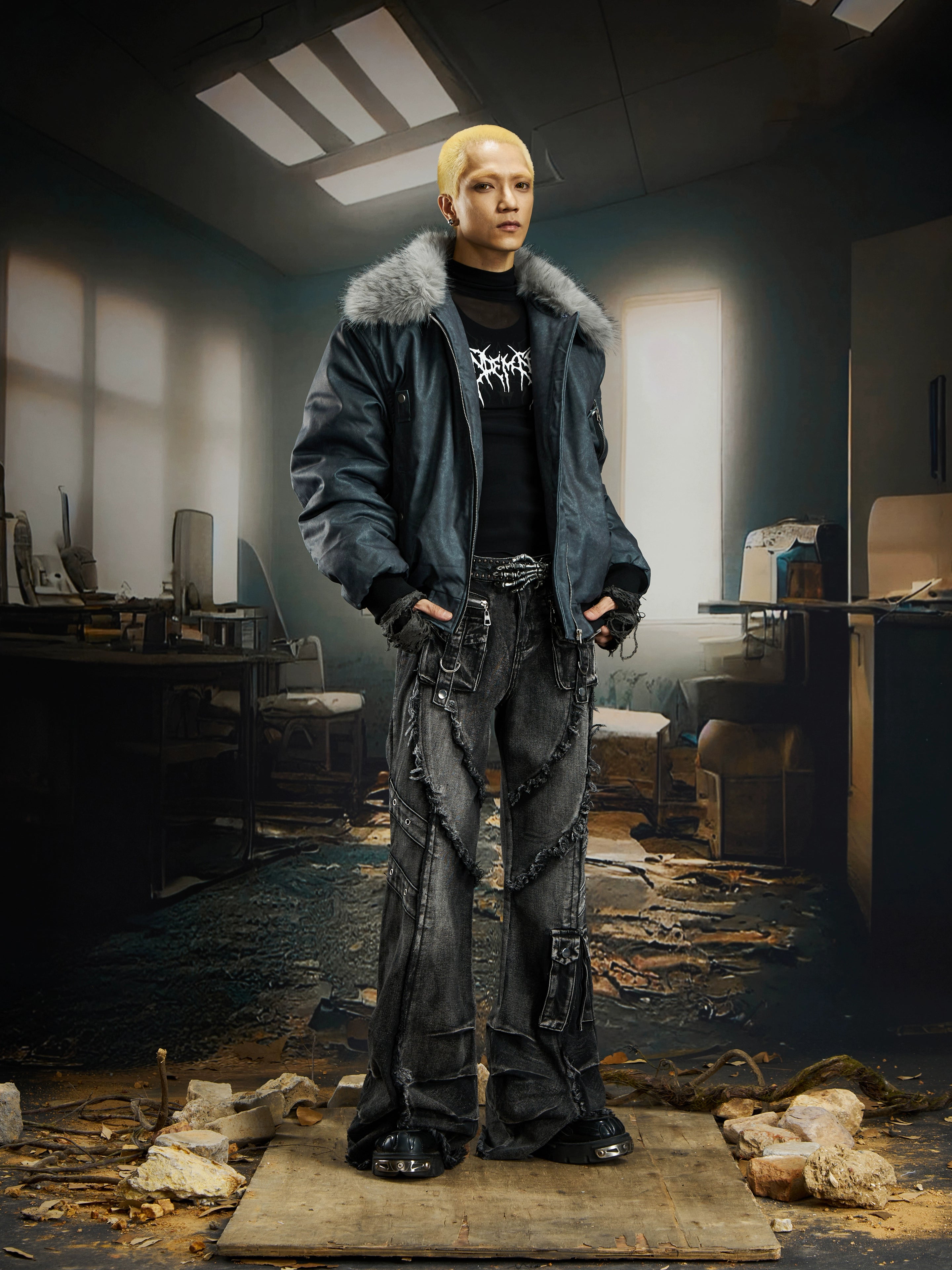 Dark Washed Fur-Collar Quilted Winter Jacket