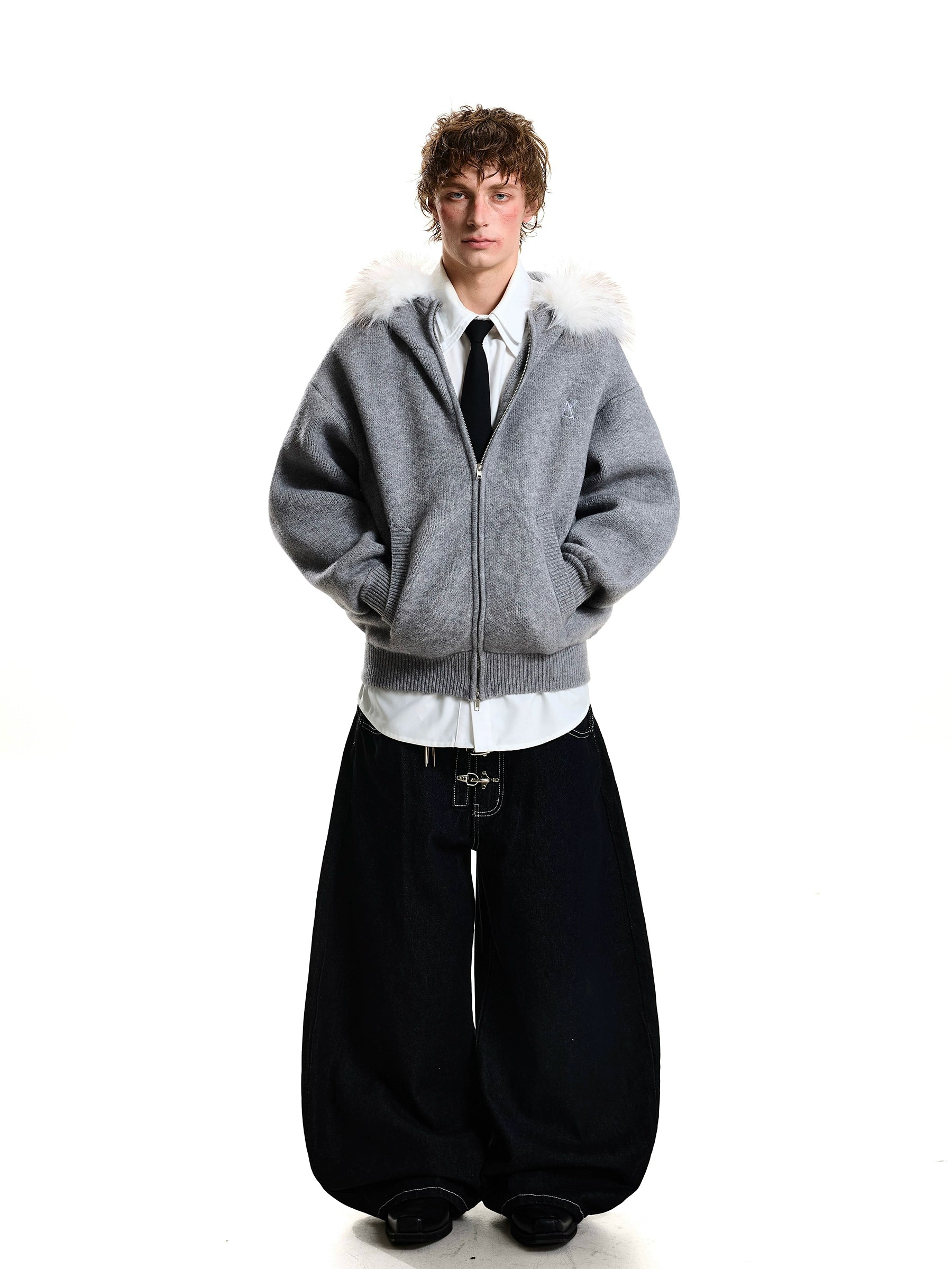 Heavy-Knit Fur Hood Relaxed Winter Cardigan