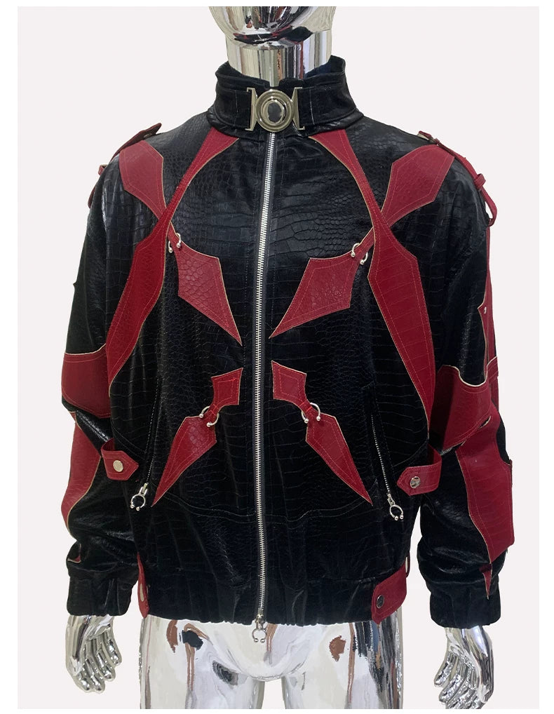 Sanhoostudio Crocodile Embossed Colorblock PU Leather Jacket