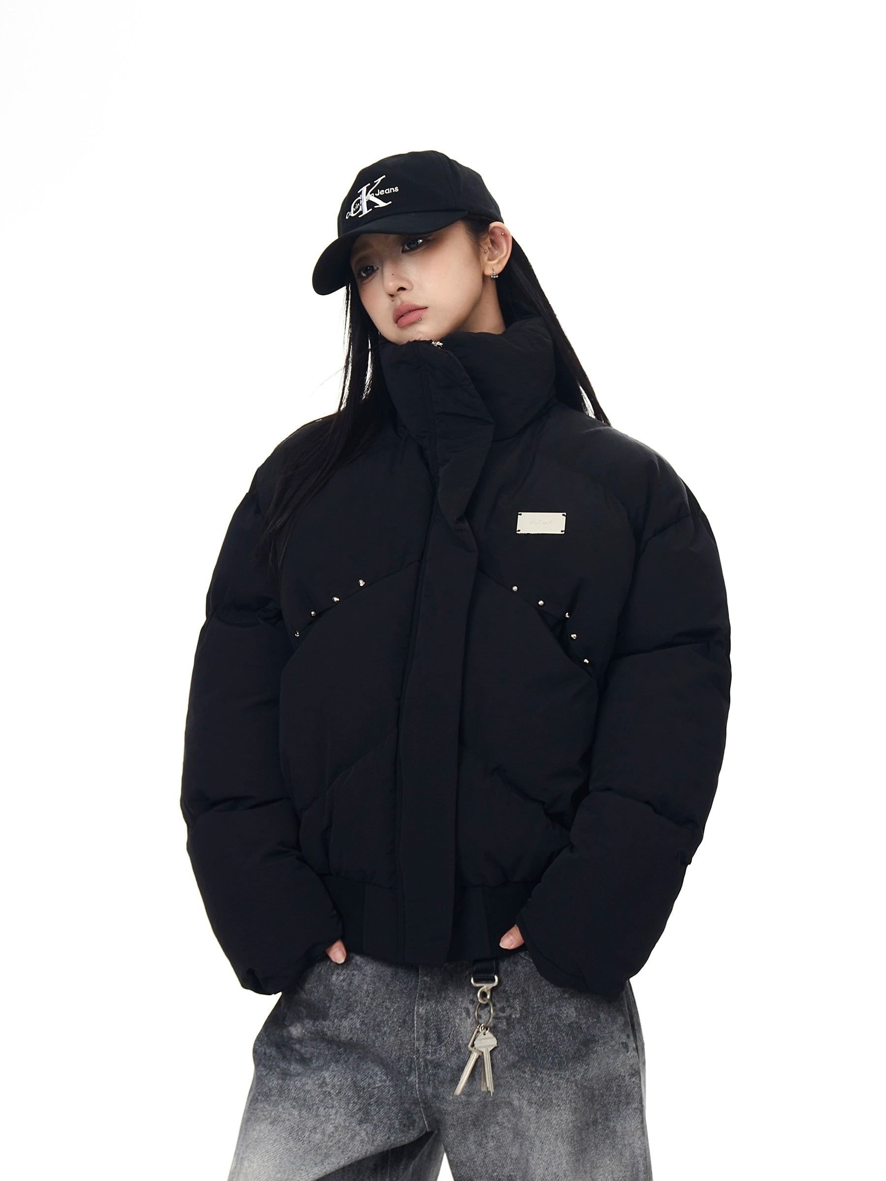 Studded Deconstructed Stand-Collar Puffer Jacket