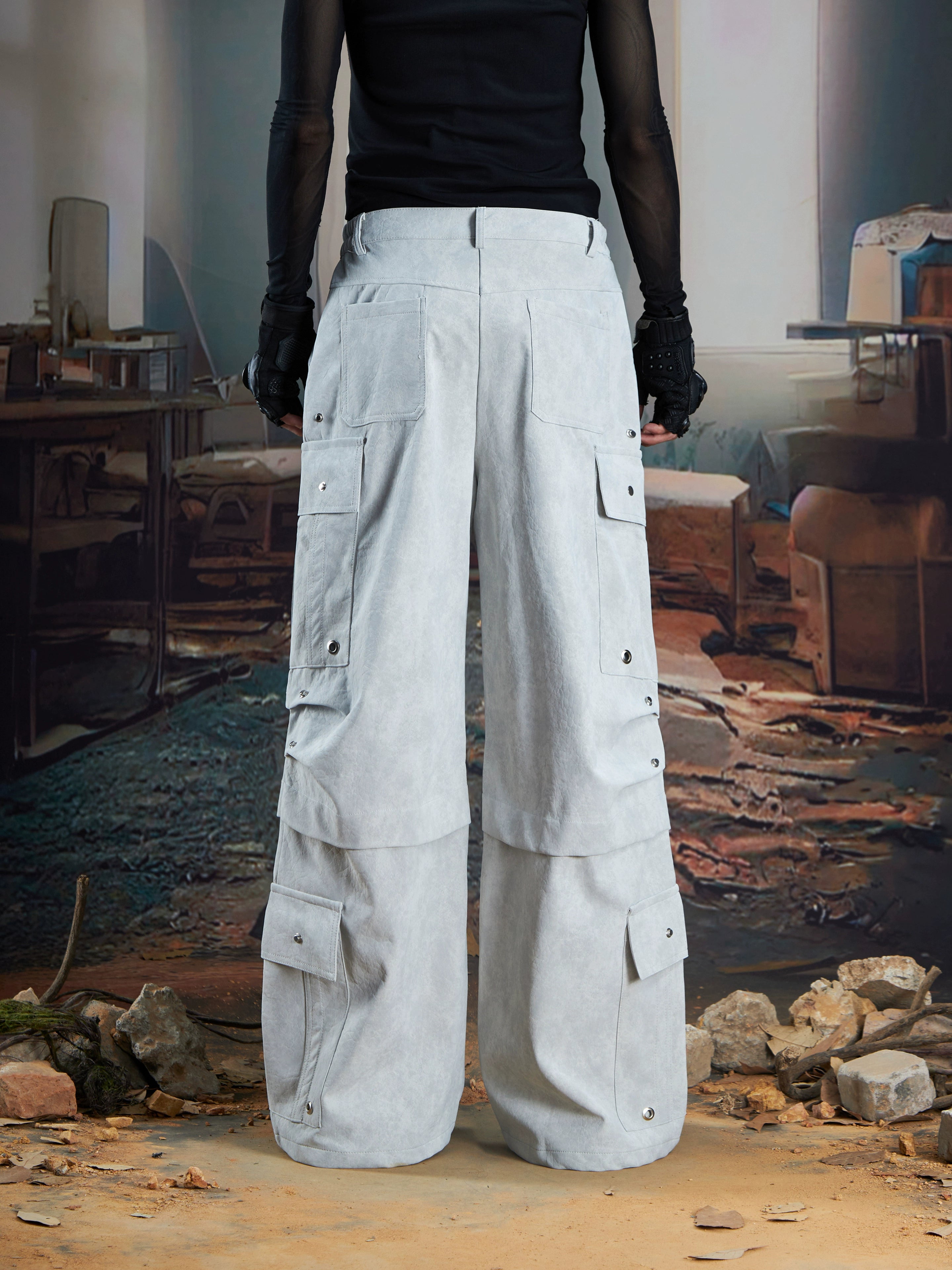 Matte Leather Multi-Pocket Studded Straight Pants