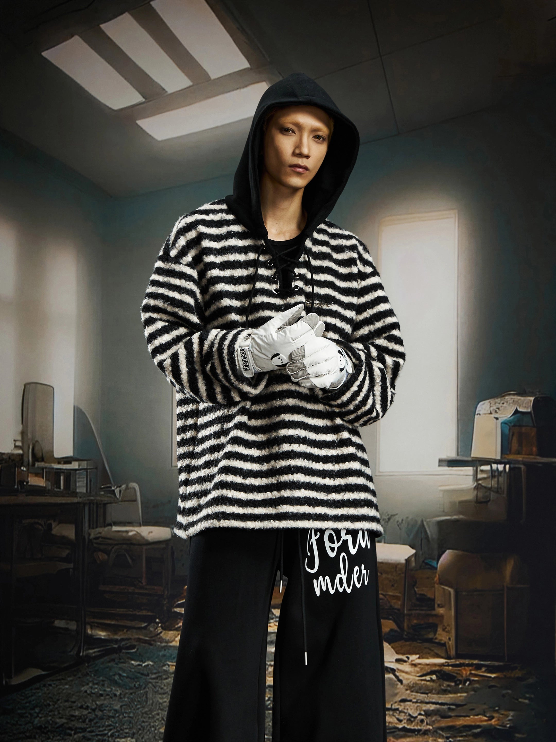 Striped Fleece Drawstring Hoodie with Cashmere Touch