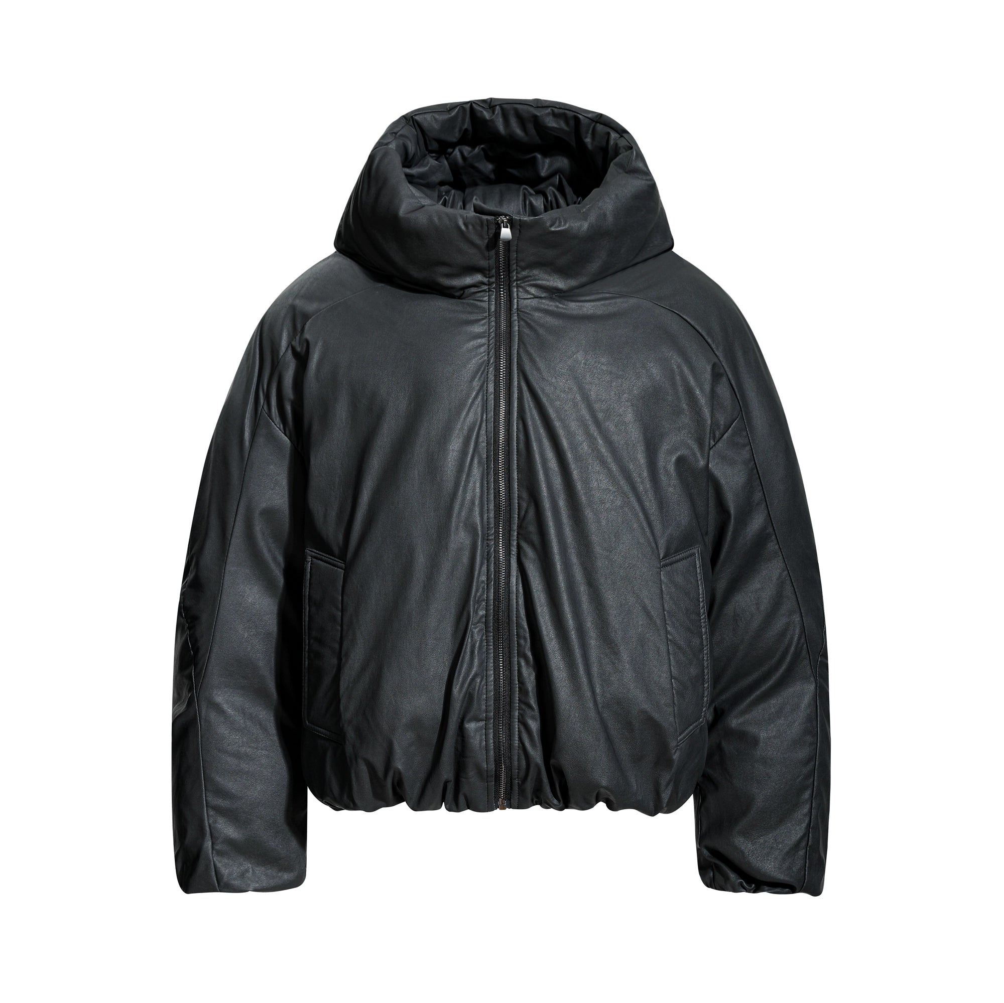 Vintage Bomber Faux-Leather Hooded Puffer Jacket