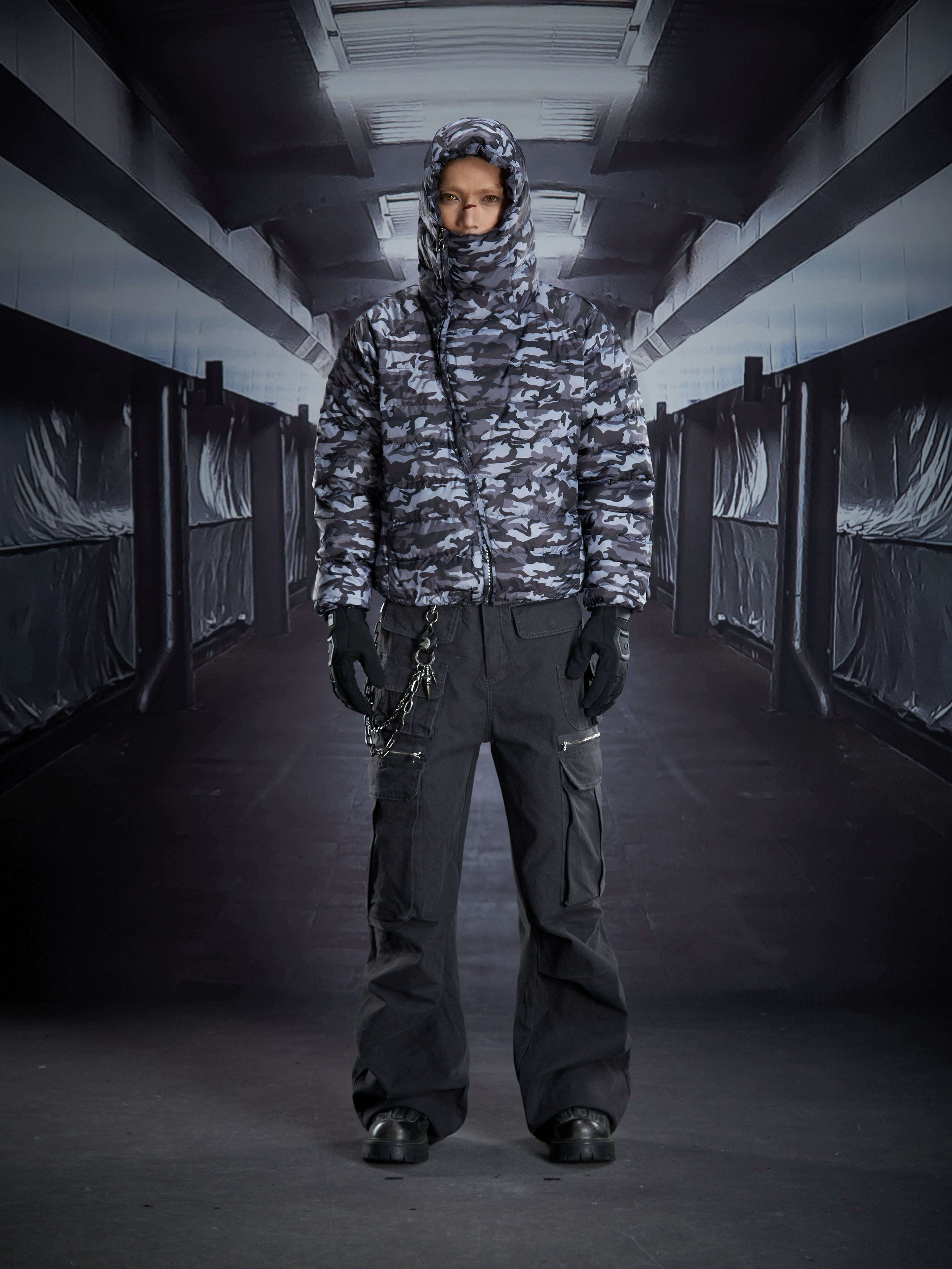 Asymmetric Zip Hooded Camo Down Jacket